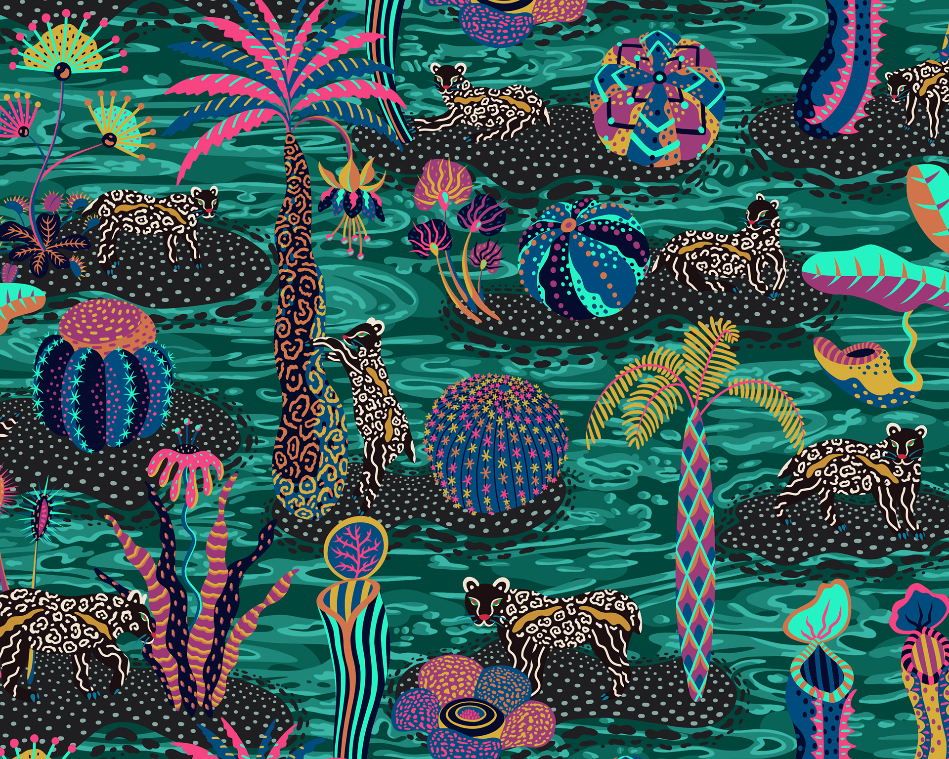 Illustration of big cats stranded on miniature islands surrounded by a green toxic swamp.