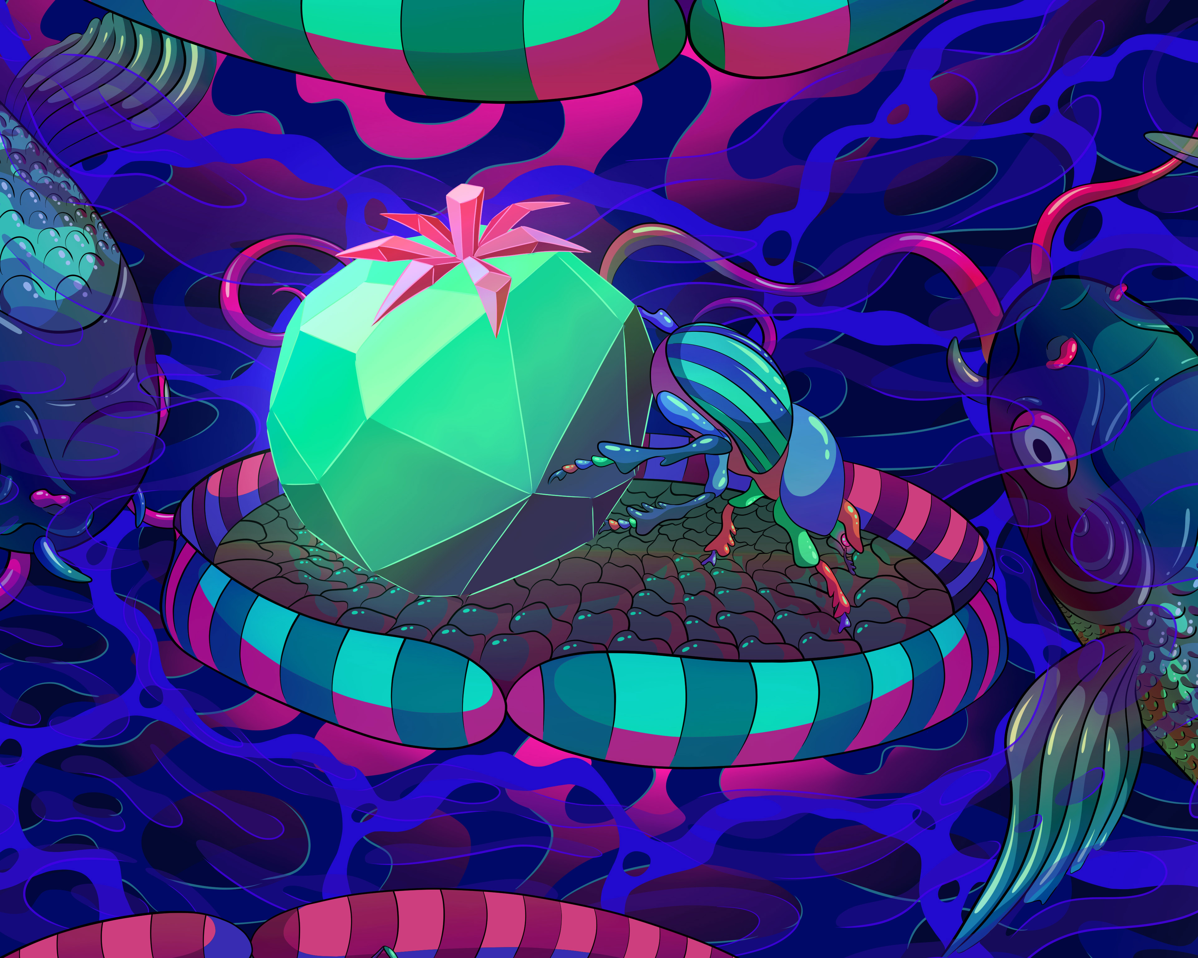 Digital art depicting a dung beetle and a crystal tomato on a lily pad on top of an oil spill.