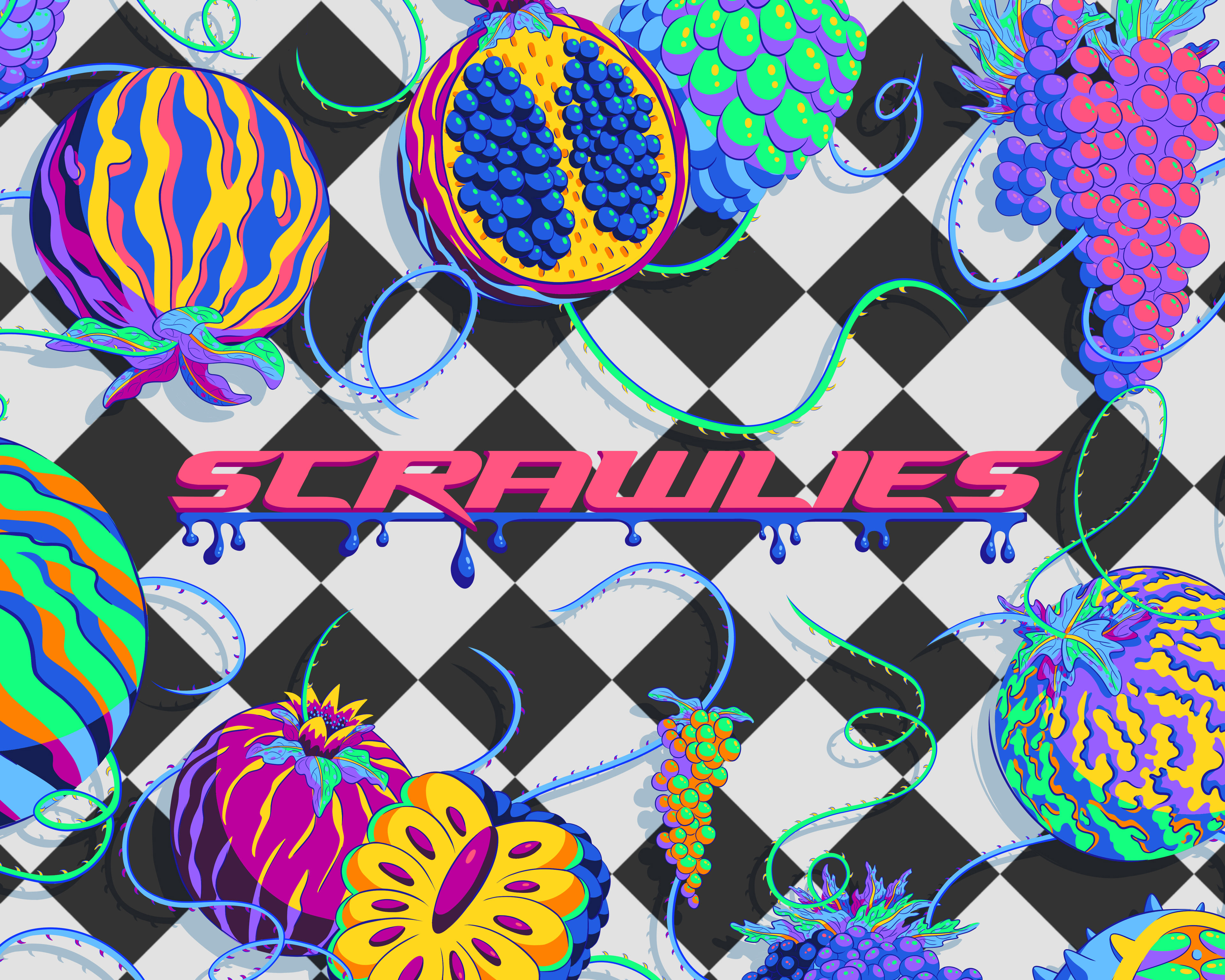 Graphic design of the 'Scrawlies' logo surrounded by vibrant fruits in front of a checkerboard.