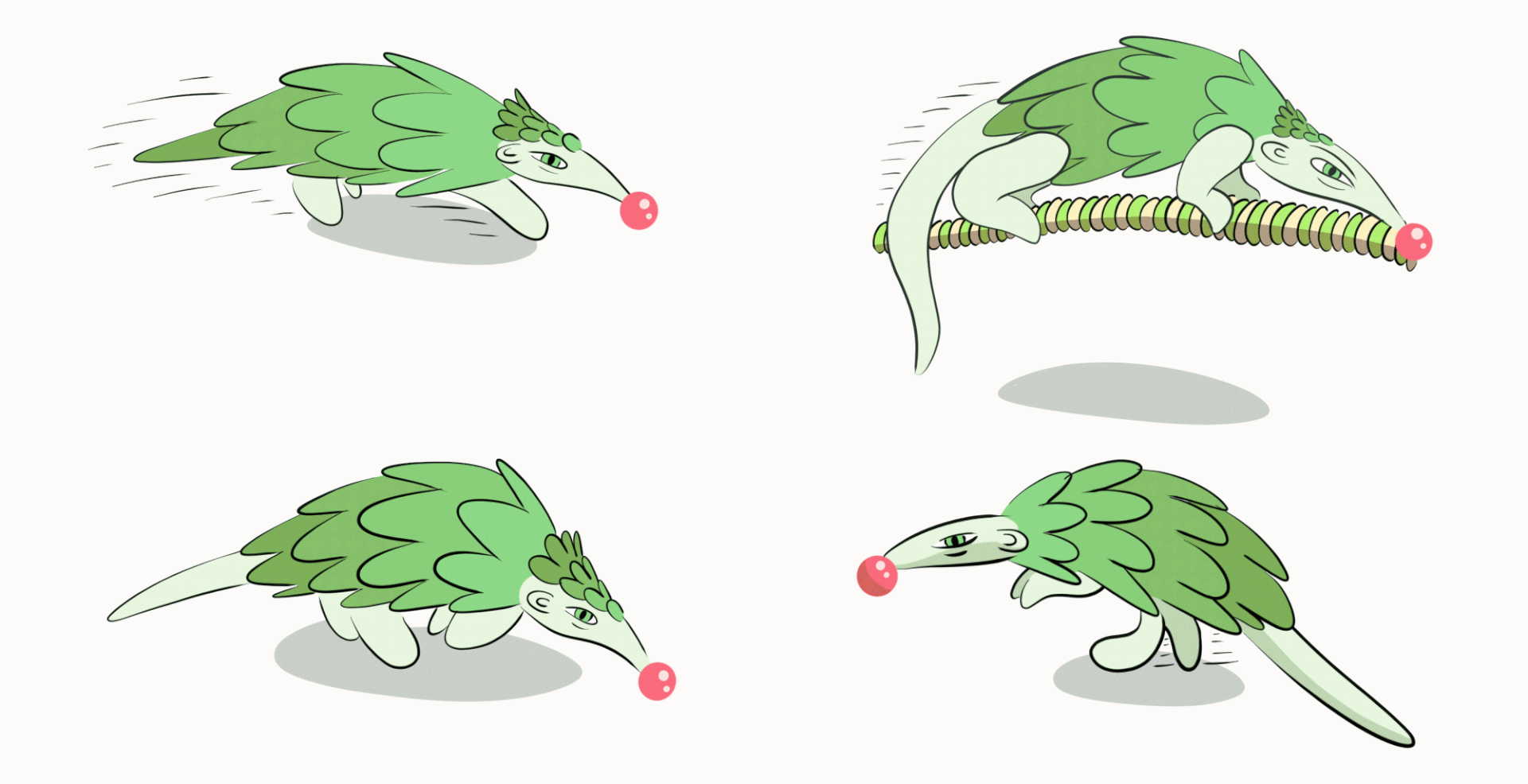 Four cute animation cycles of a cartoon pangolin walking, climbing, running and rolling.