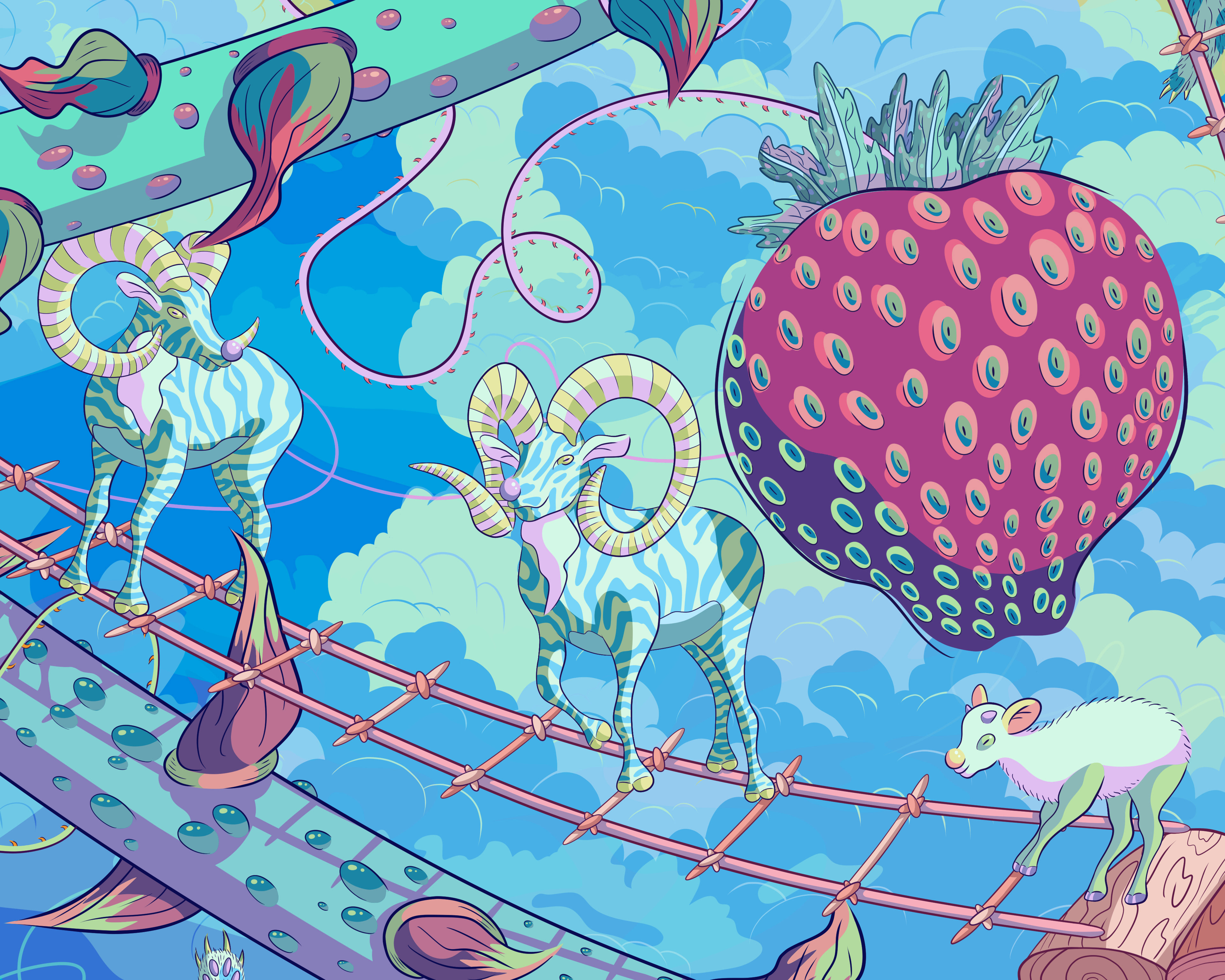 Illustration of three sheep perched on top a ladder high up in the sky next to a giant strawberry.