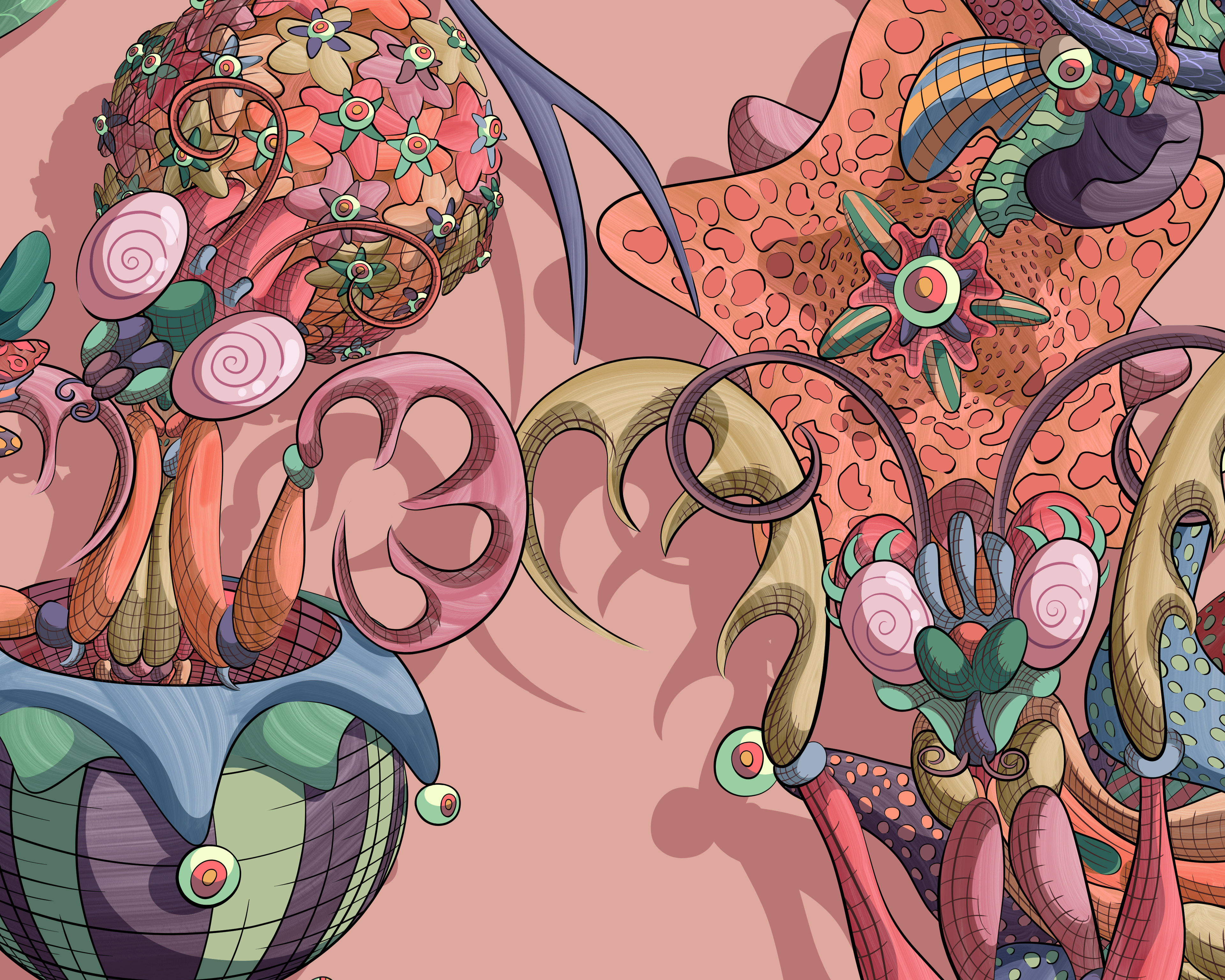 Digital illustration of two ornate praying mantises wearing ostentatious floral headgear.