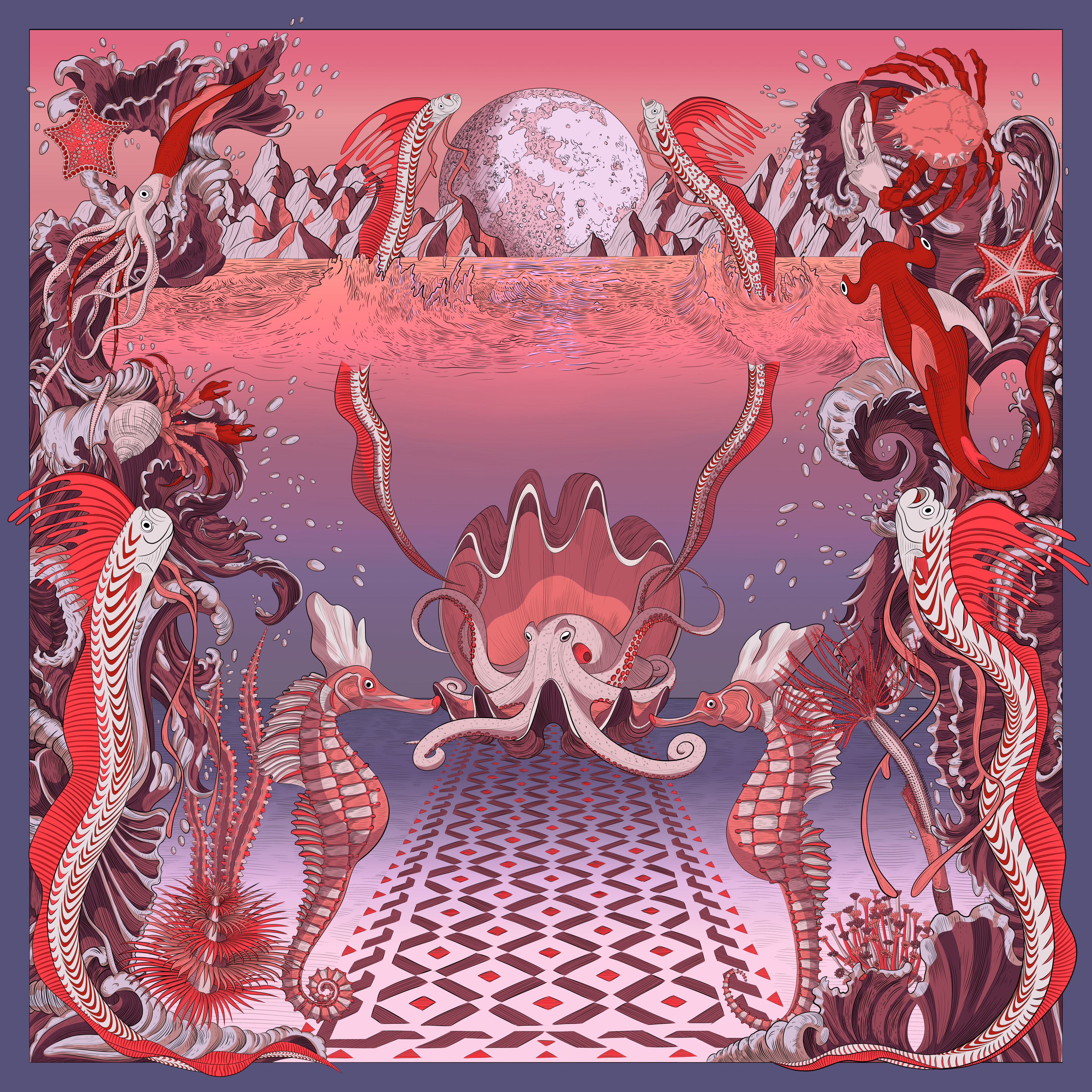 Square illustration of a red scarf design depicting the moon, ocean, tidal waves and sea life.