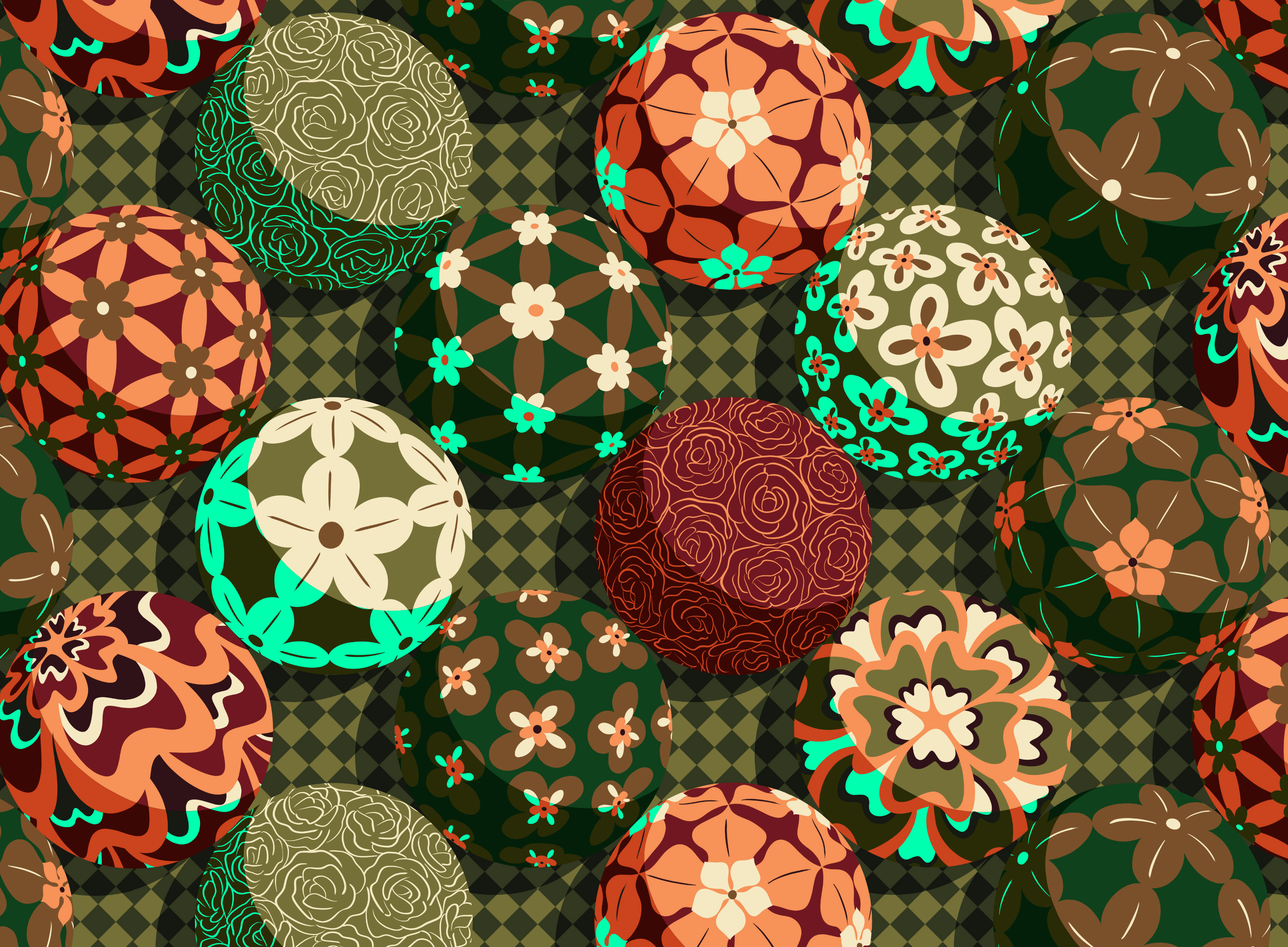 Collection of spherical flowers in moss green with orange accents against a checkerboard backdrop.
