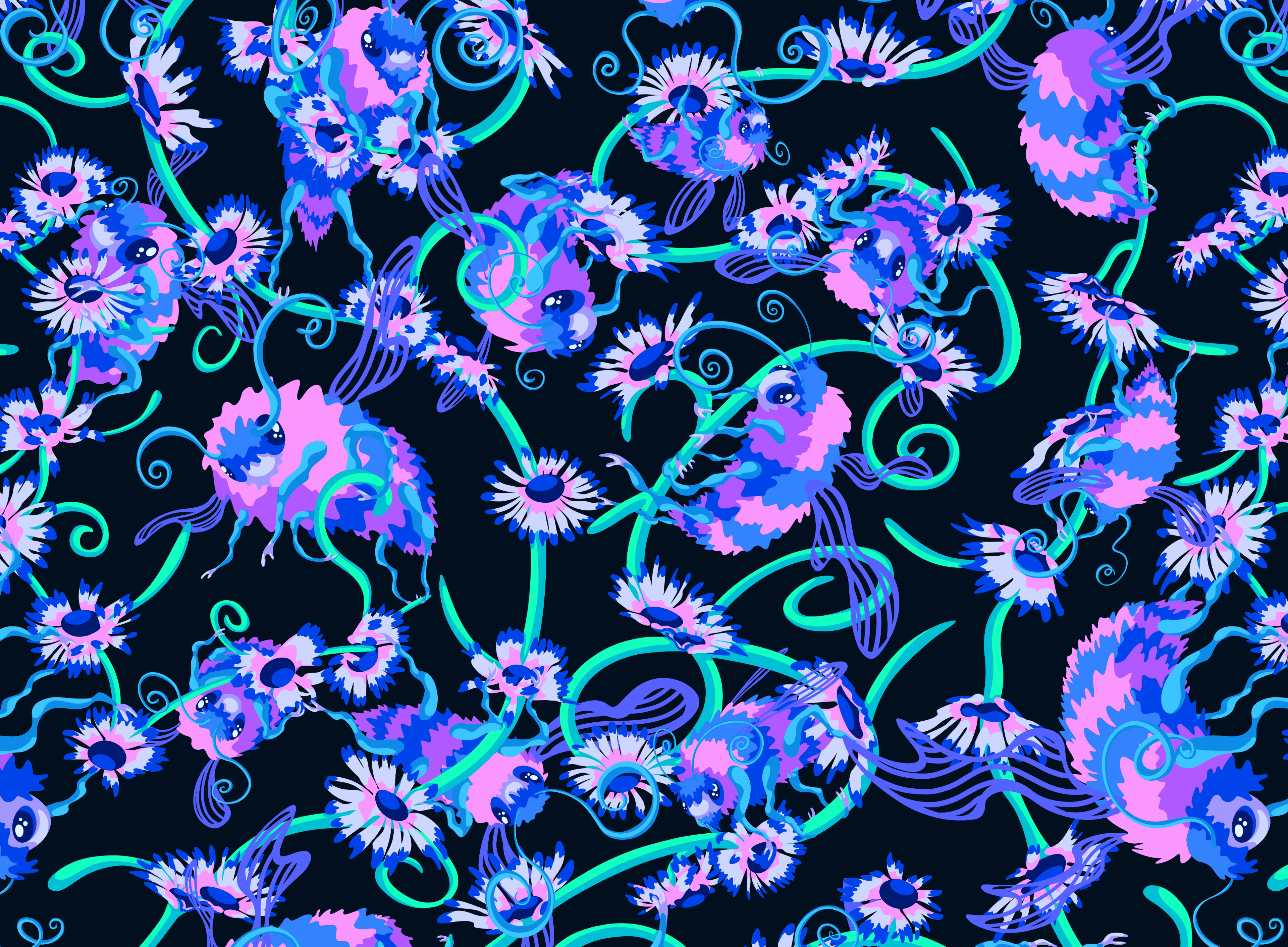 Pattern of stripy neon coloured bumble bees and purple daisy flowers.