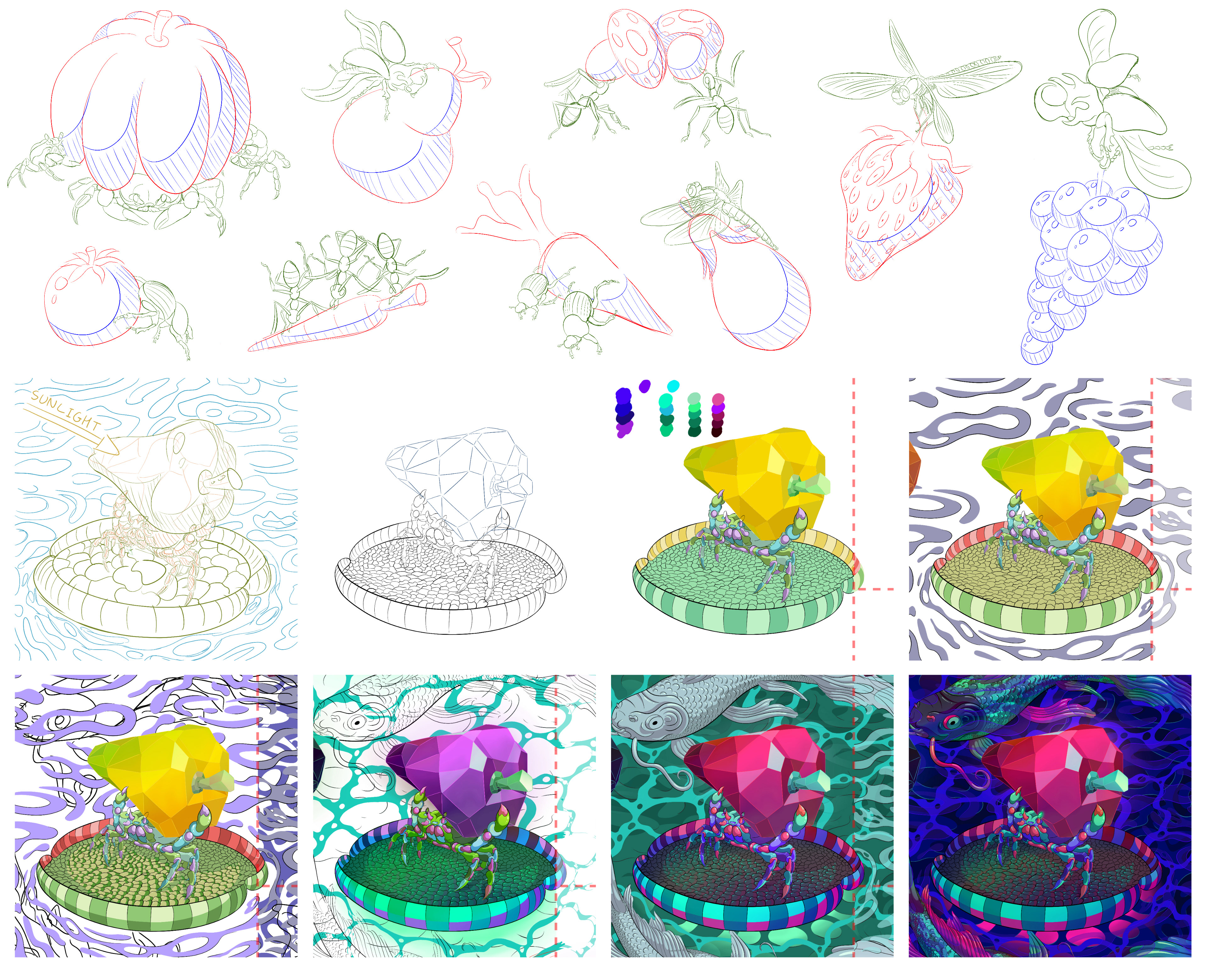 Work-in-progress sketches showing the development of a fruity insect pattern.