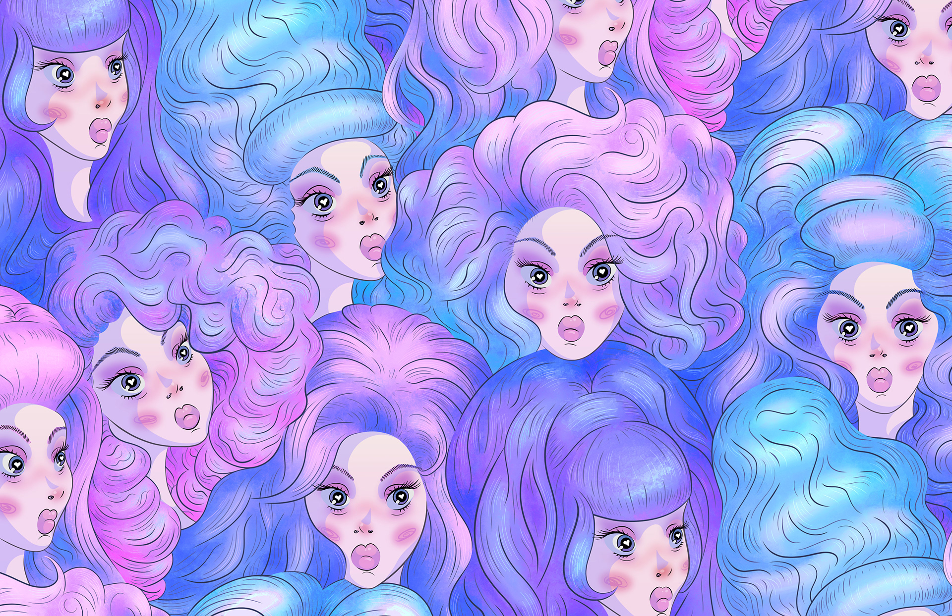 A vibrate blue Trixie Mattel pattern illustrated by textile artist Sam Wilde.