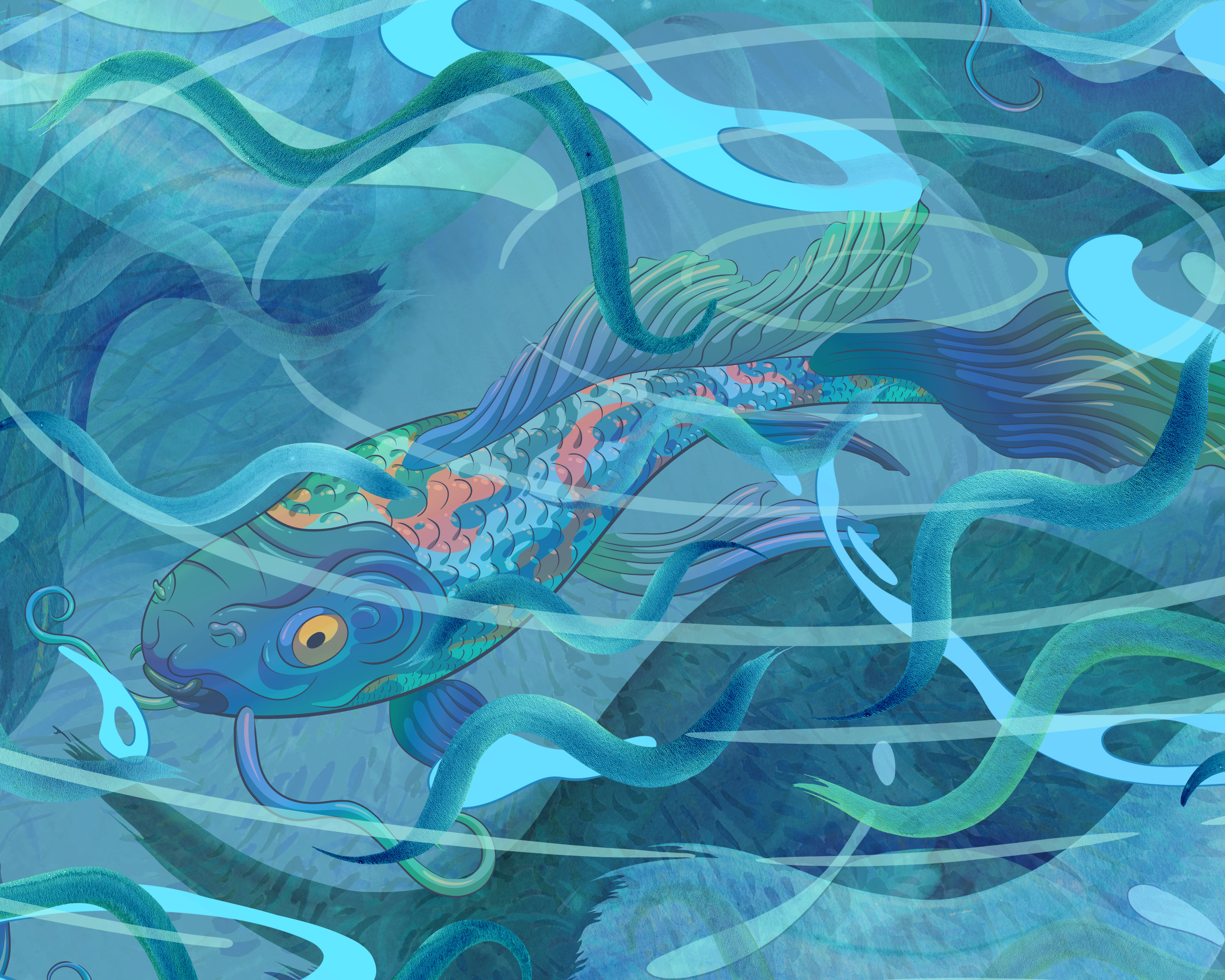 Watercolour and mixed media pattern of a blue koi swimming under rippling waves.