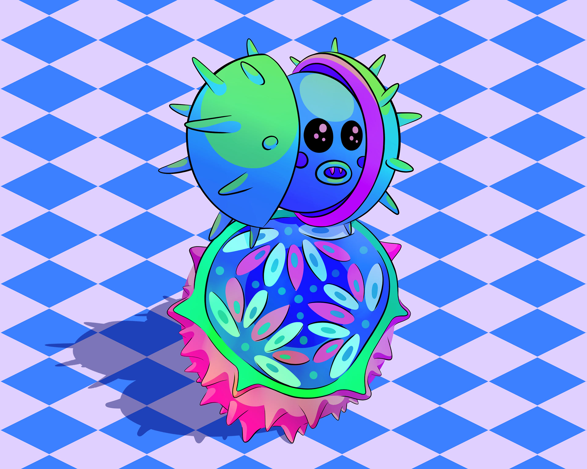 Illustration of a kawaii spiky sea urchin resting on top of a sliced fruit in neon greens and blues.