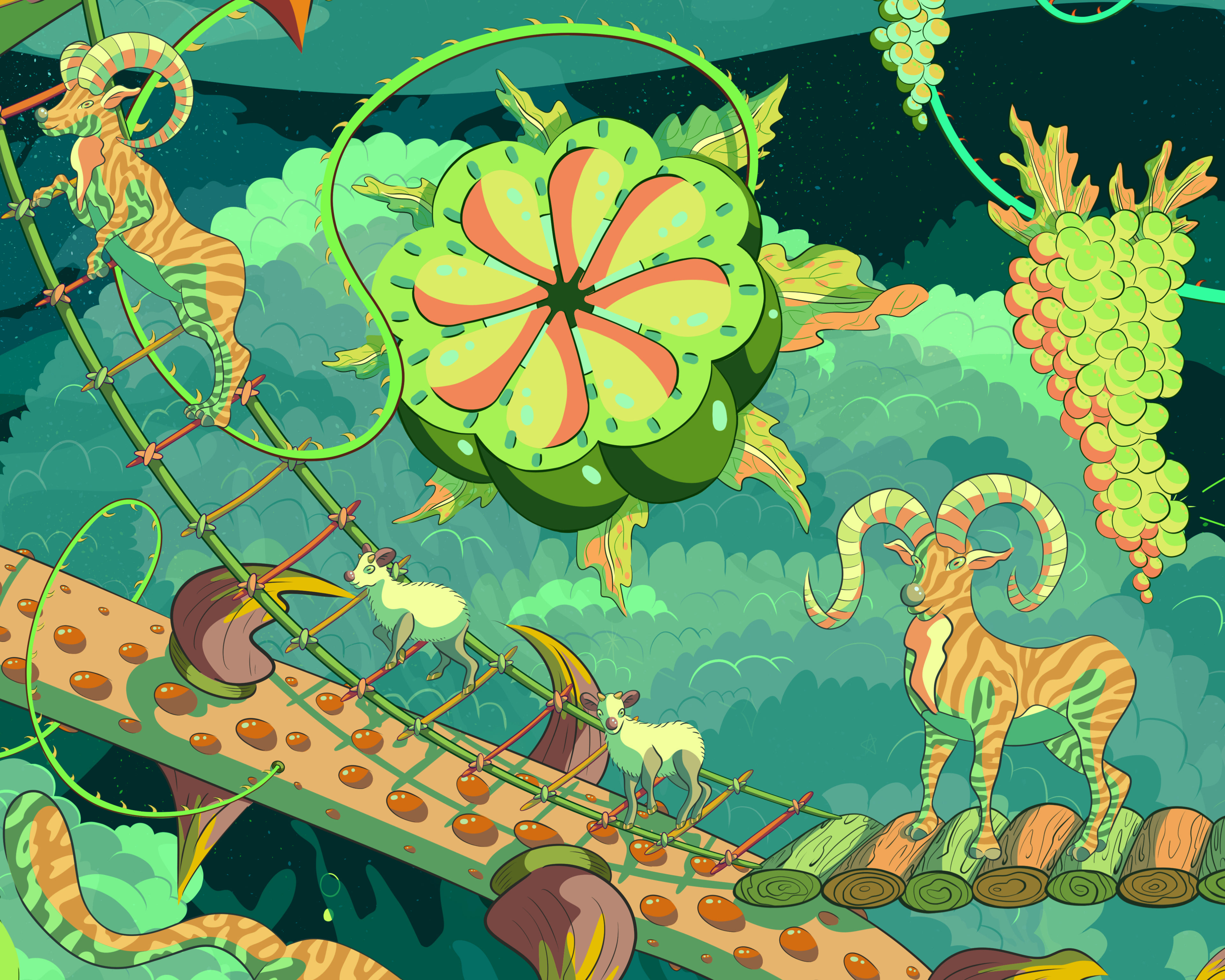Illustration of a family of sheep traversing up a precarious ladder hovering over a giant snake.