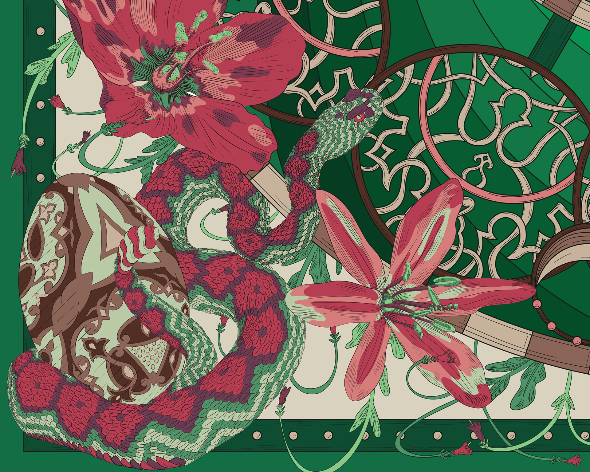 Digital illustration of a snake holding a Faberge egg in red, green and brown colours.