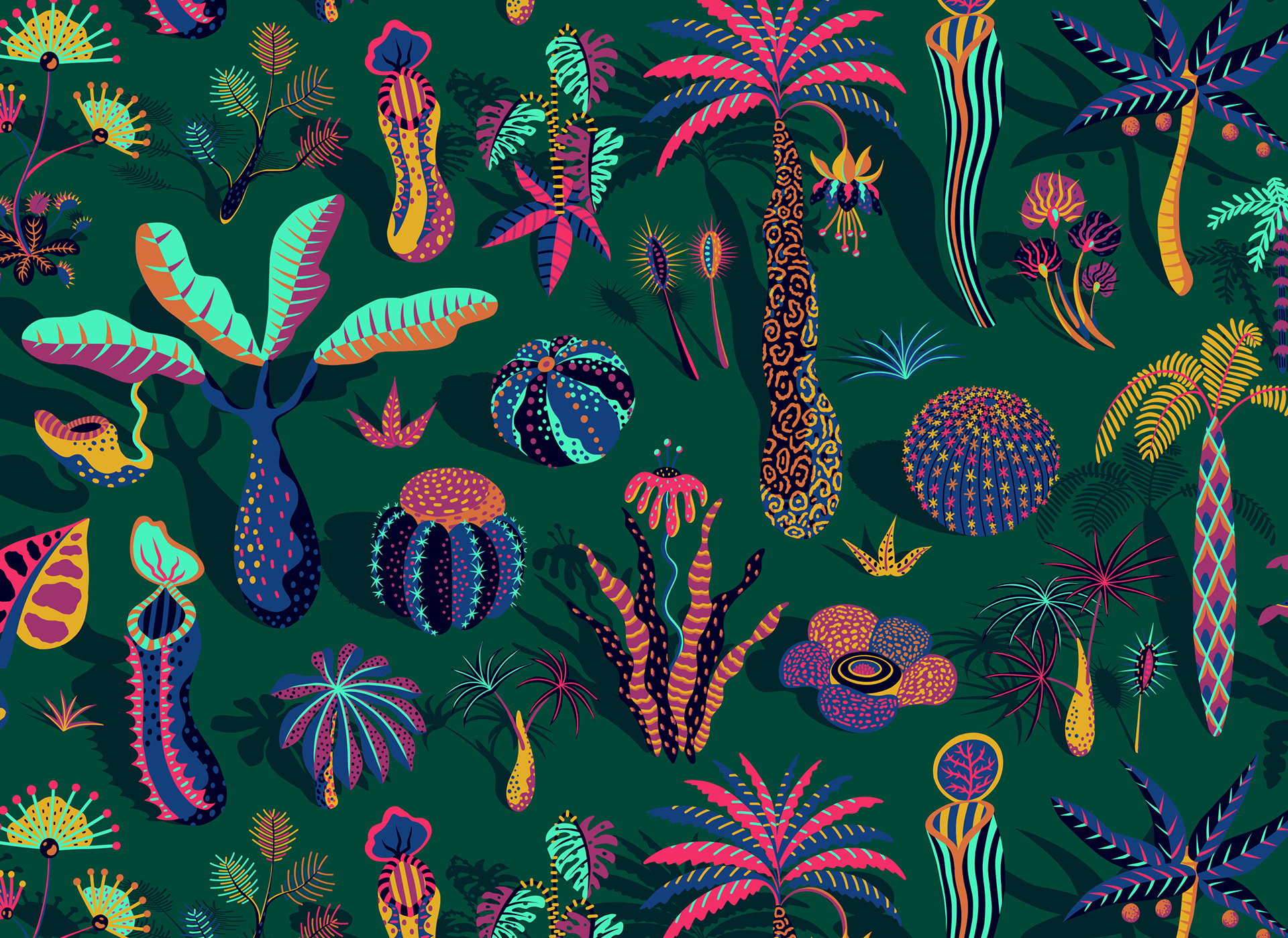 Glowing neon jungle pattern with cacti, palm trees and strange plants.
