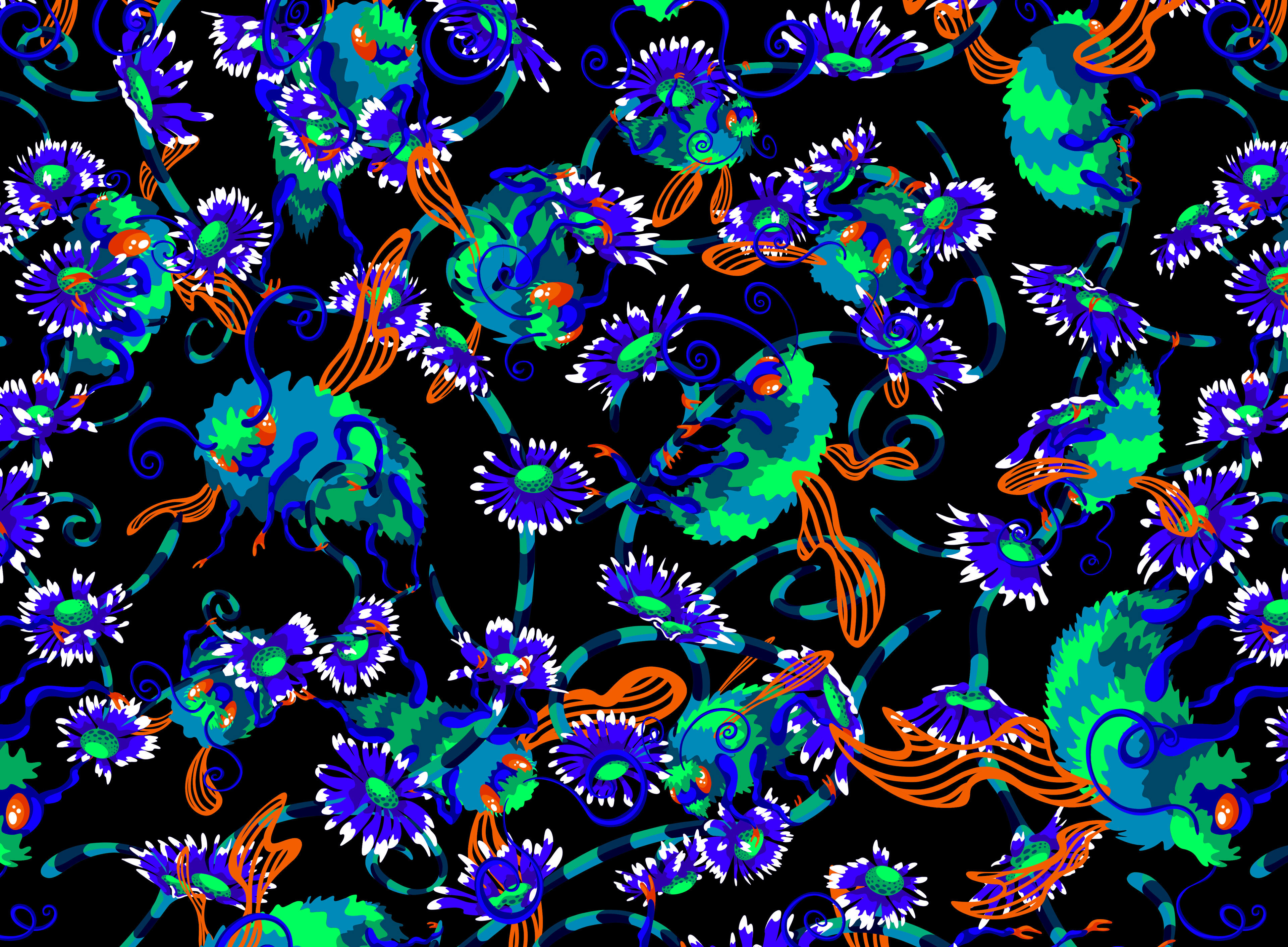 Pattern of stripy neon coloured bumble bees and purple daisy flowers.