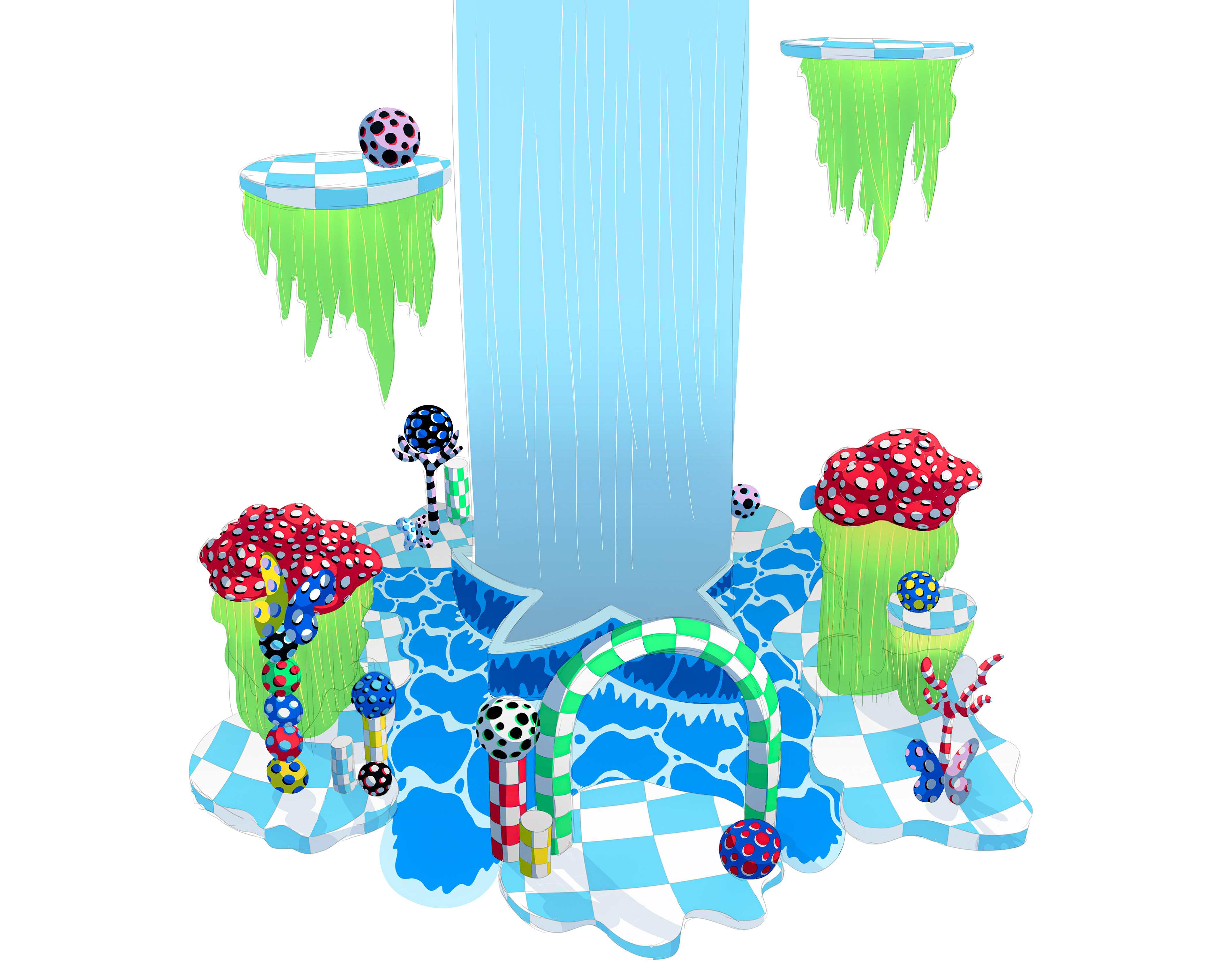 Illustrated concept art sketch for a large-scale multi-level polka dot art installation.