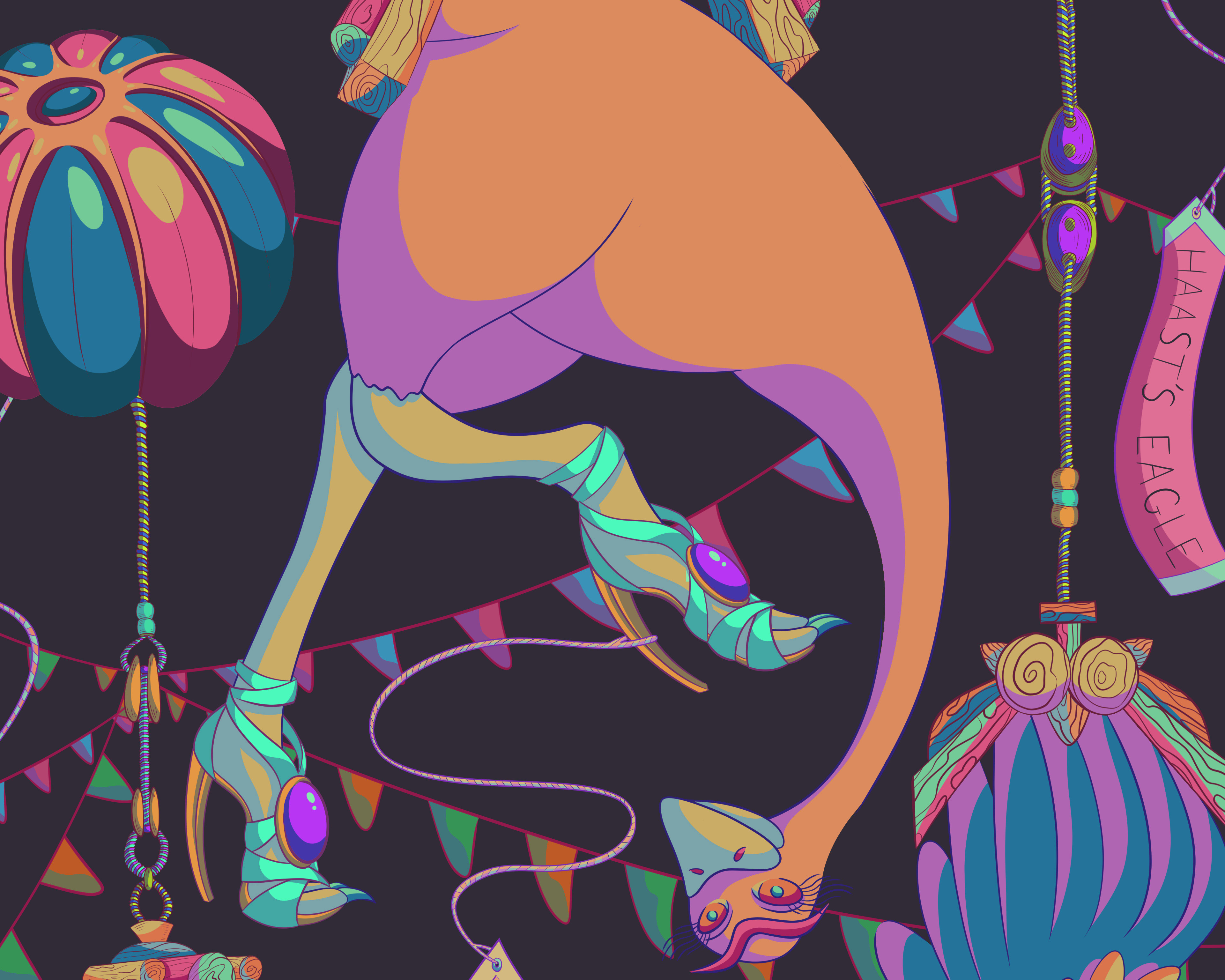 Illustration of a giant orange ostrich hanging upside down wearing a fetching pair of stilettos.