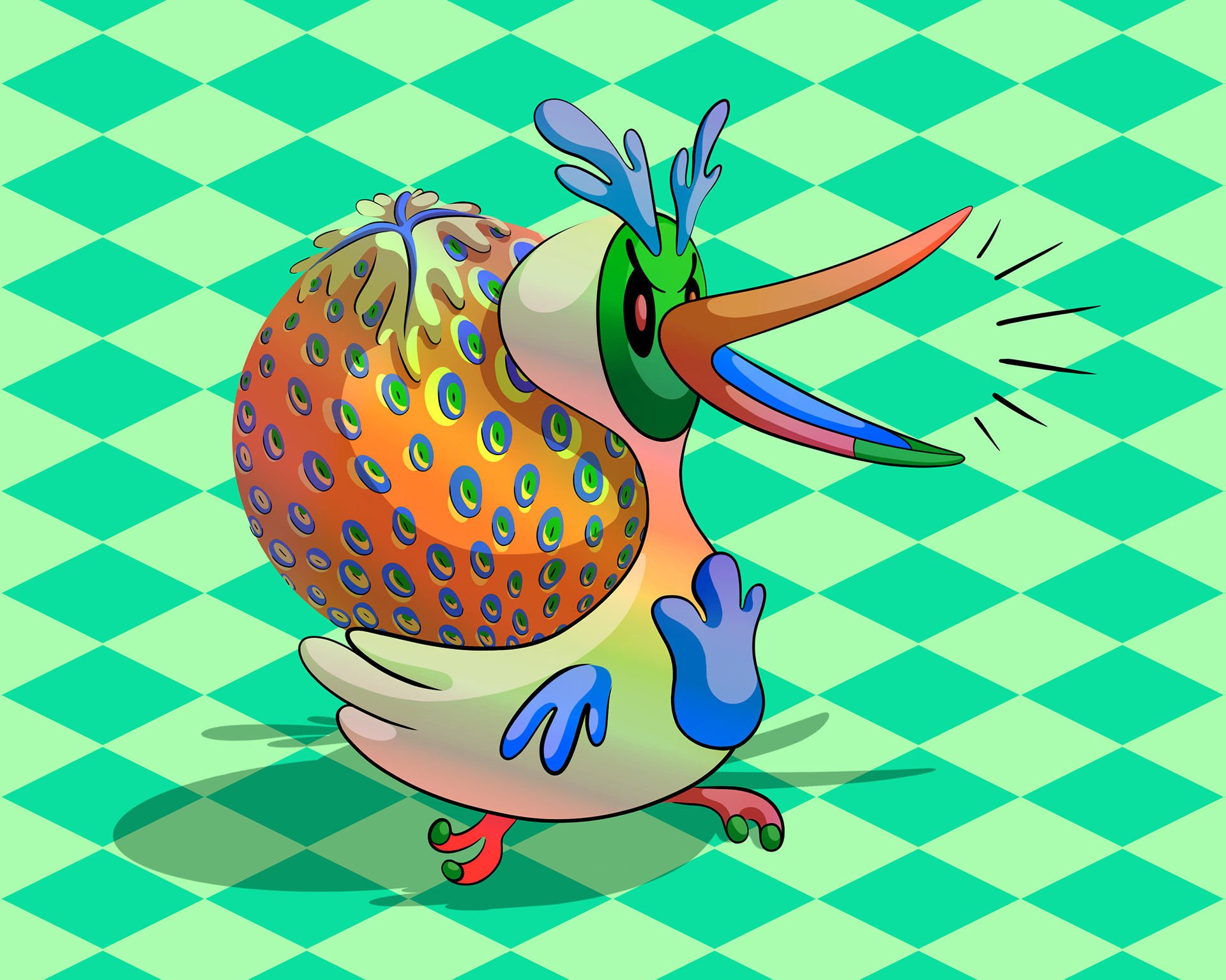 Illustration of an irritated sea bird squawking and making loud noises carrying a giant strawberry.