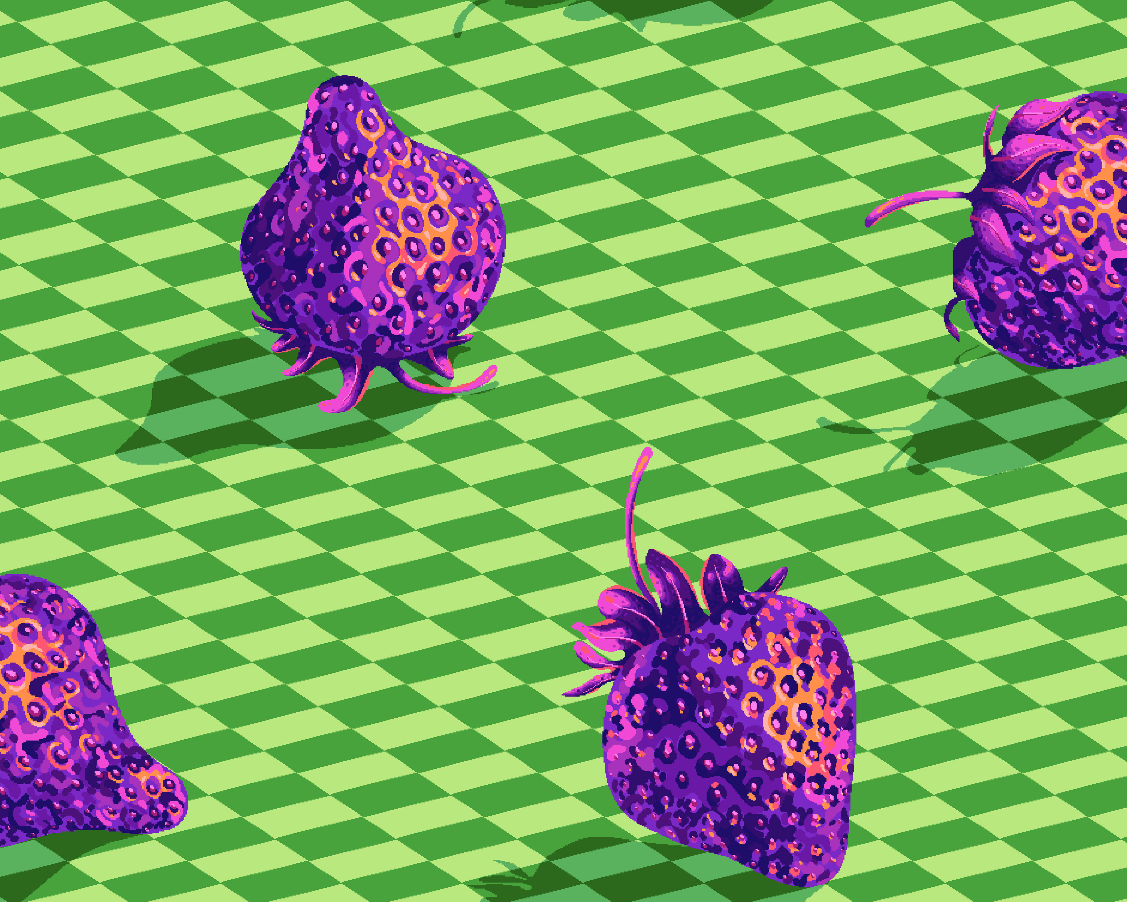 Pixel art pattern depicting purple strawberries sitting on top of a green checkerboard.