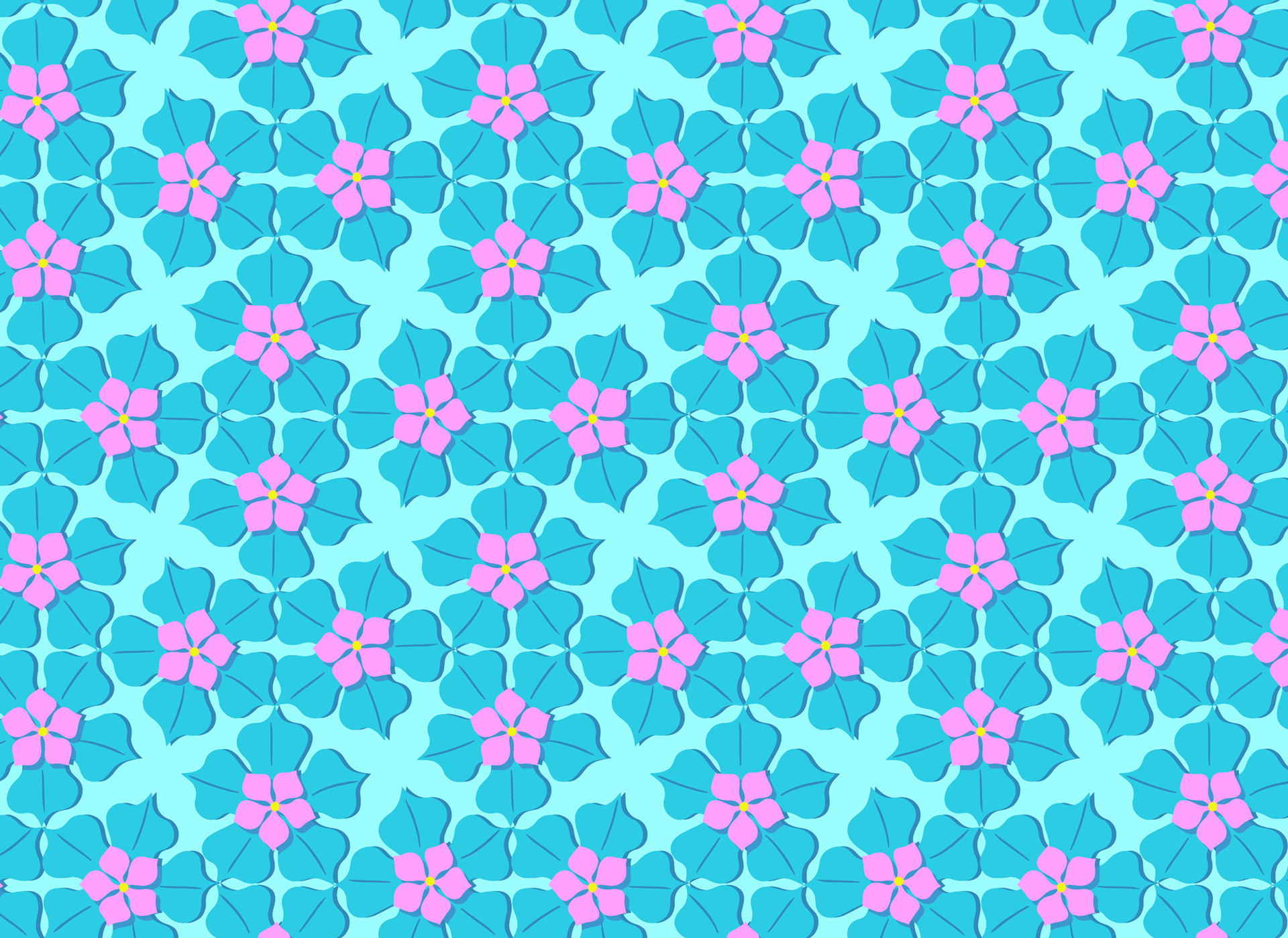 Vibrant digital pattern in blue and pinks showing five-sided flowers in repeat.