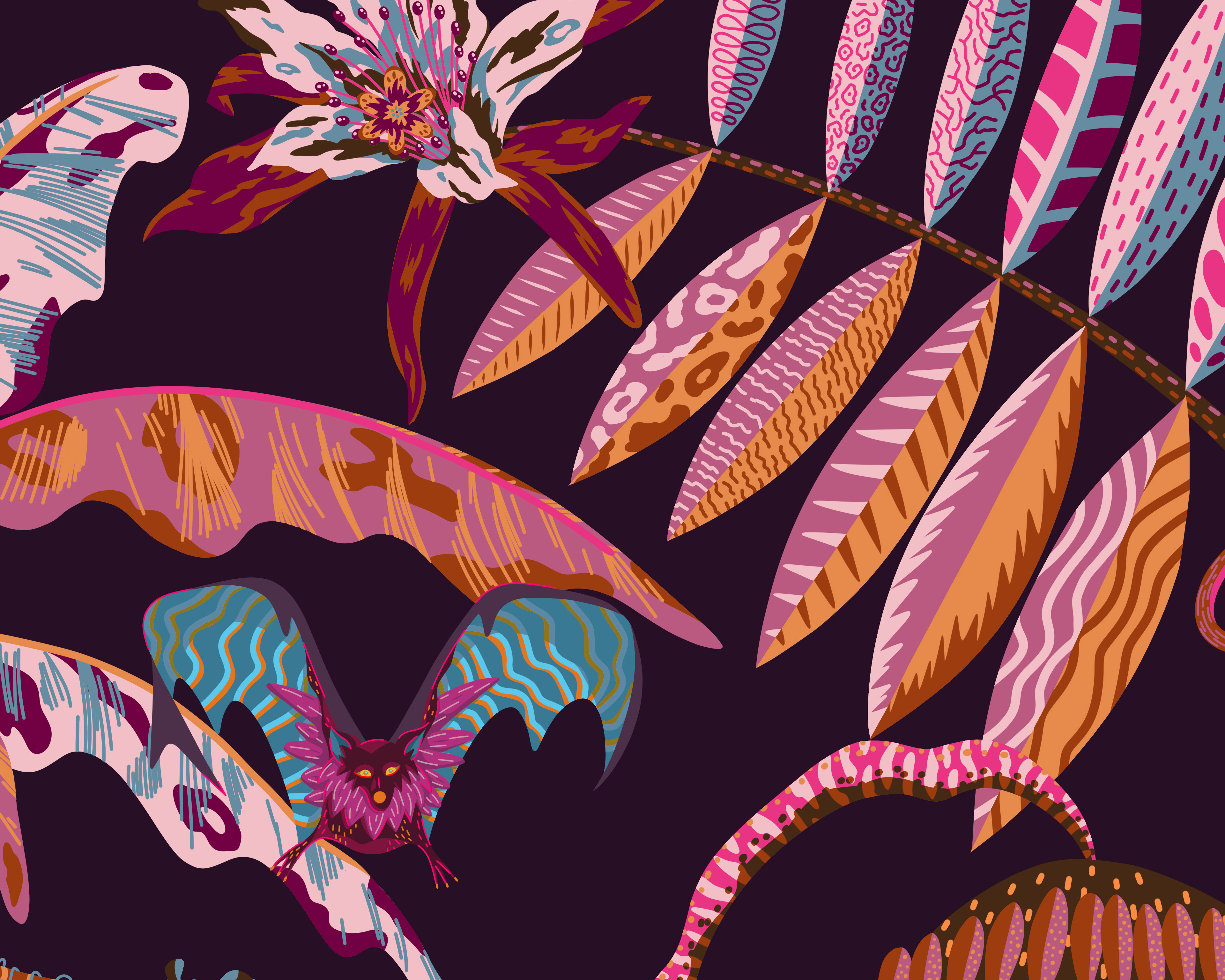 Digital illustration of night-time jungle pattern featuring a flying bat surrounded by palm leaves.