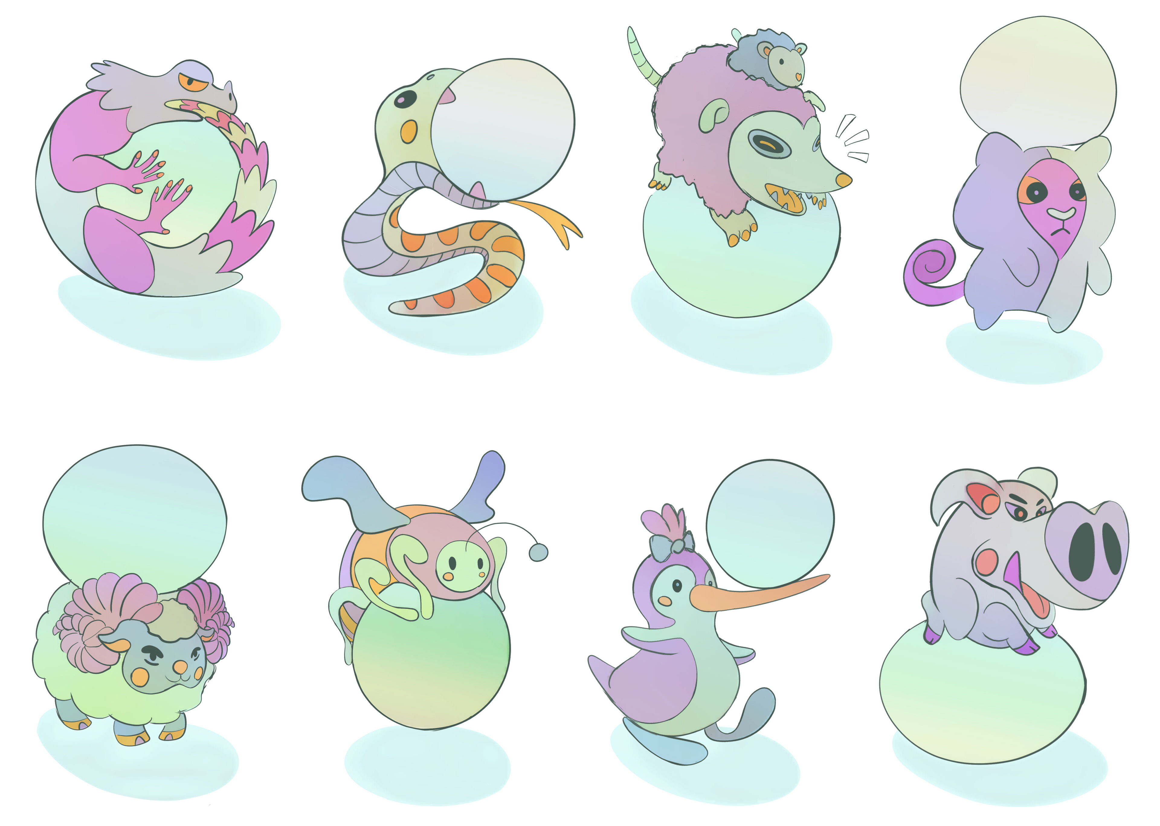 Character designs based on a lizard, snake, opossum, cat, sheep, bee, penguin and pig.