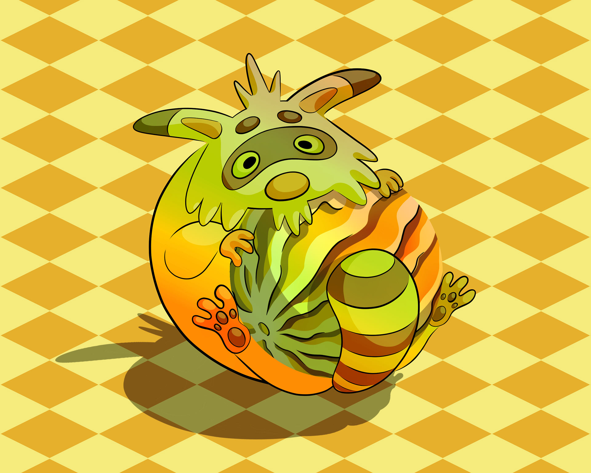 Illustration of a timid raccoon clutching onto a giant striped watermelon all in gold colours.