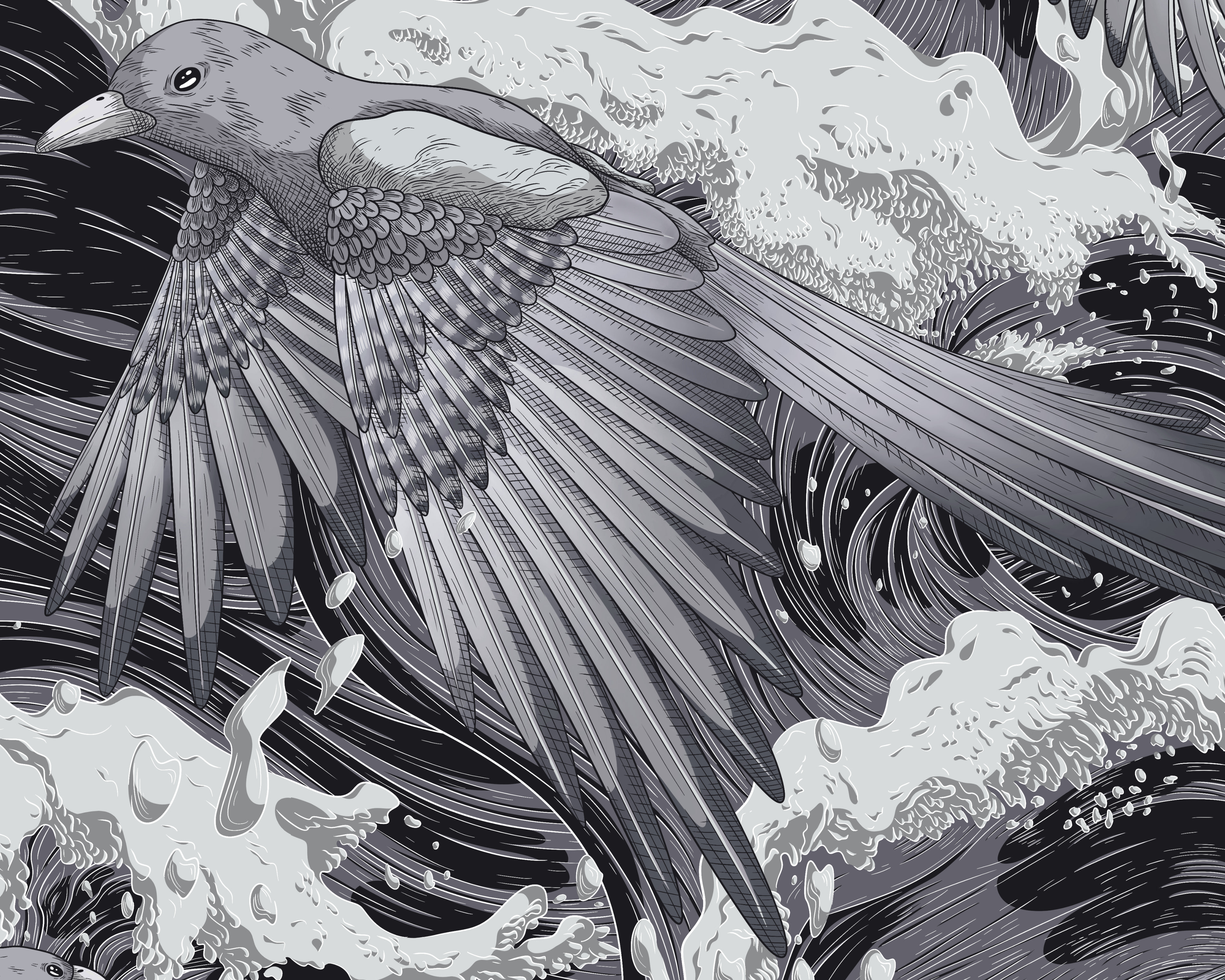 A black and white illustration of a large magpie flying above a turbulent ocean.