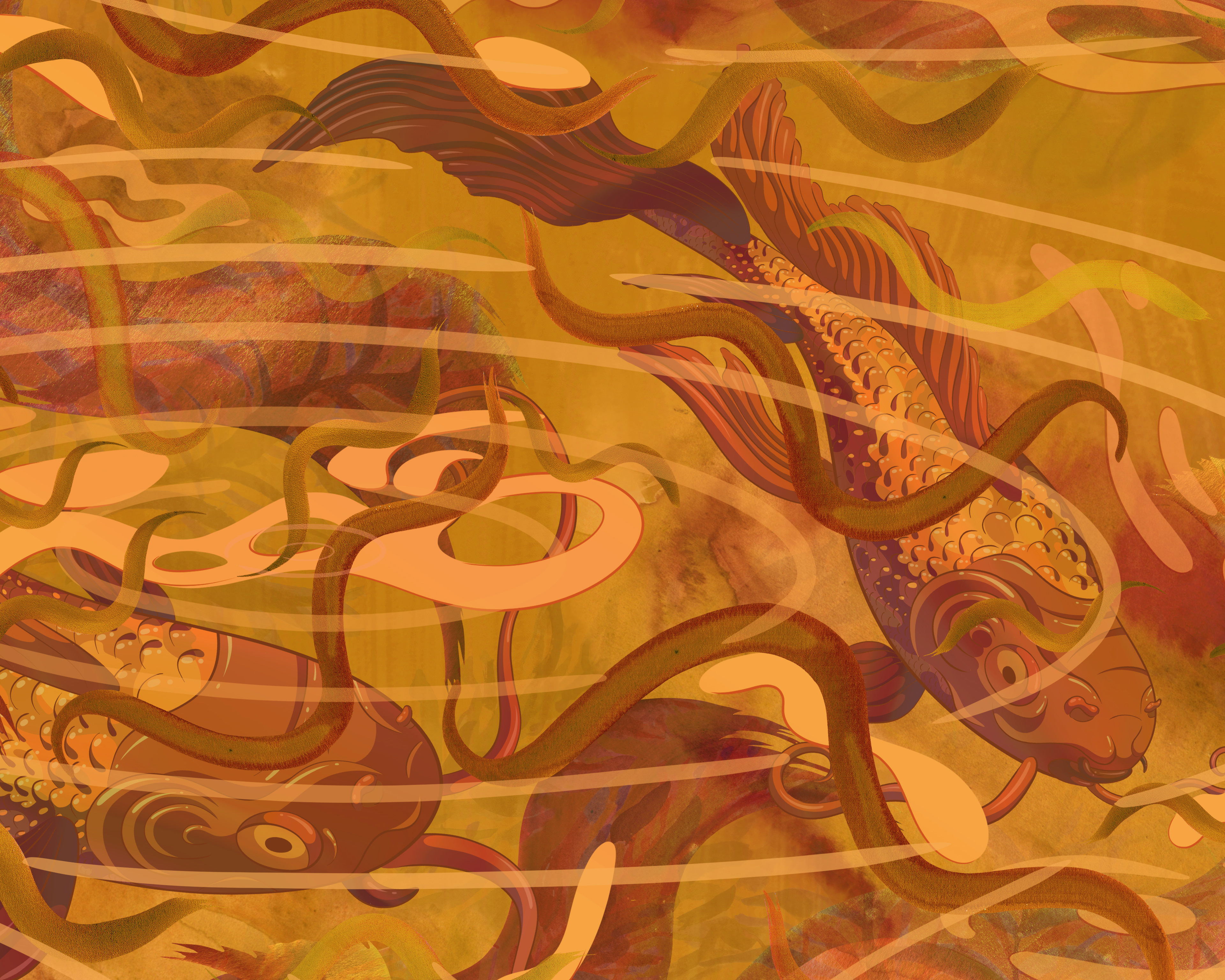 Digital illustration of golden koi swimming in a rich amber pool.
