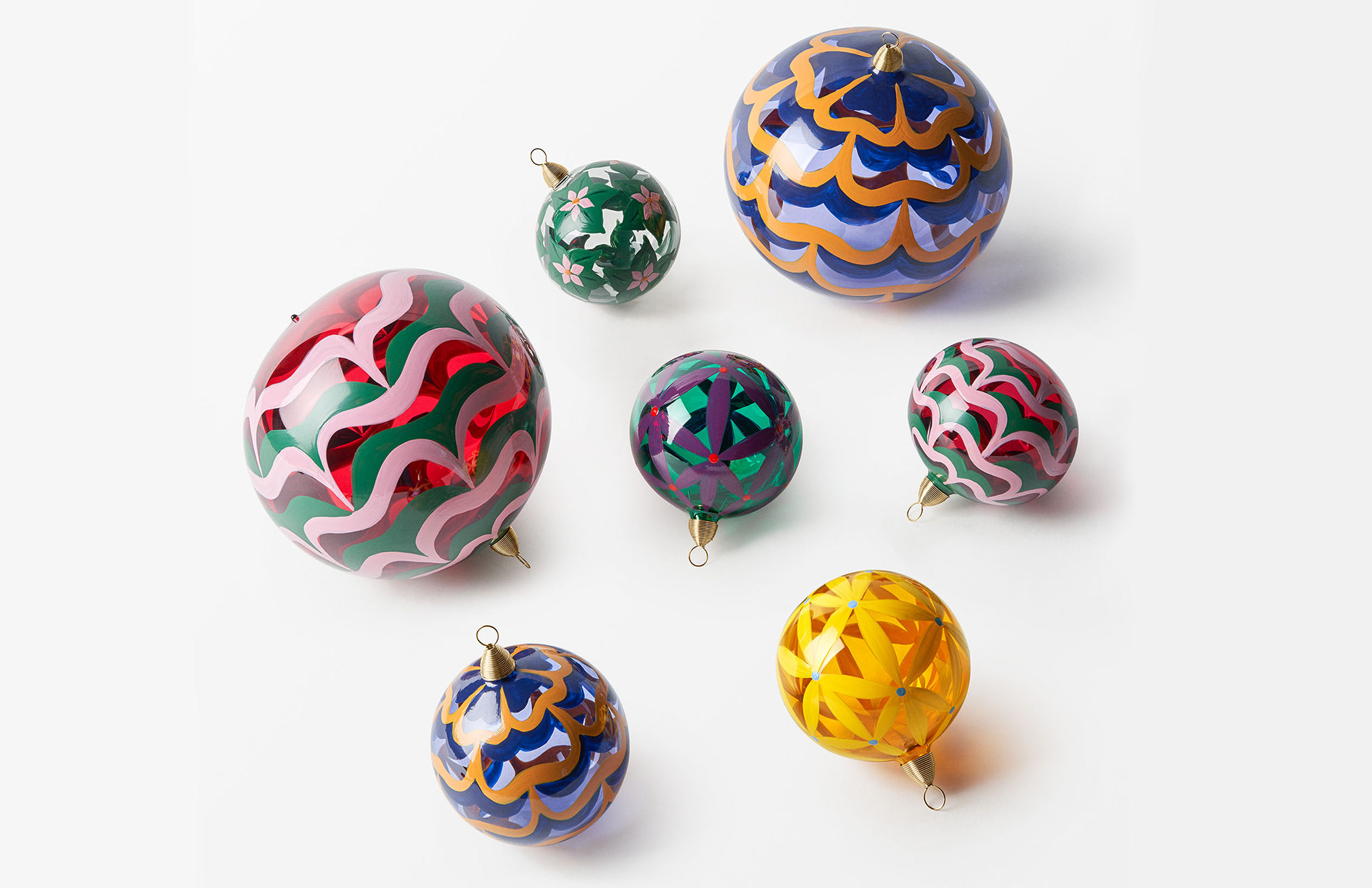 Flowers of Eden hand-painted Christmas baubles designed by Sam Wilde for Svenskt Tenn.