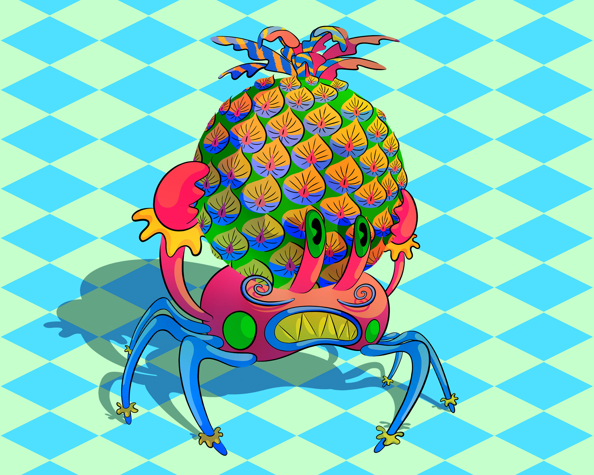 Illustration of a dashing red crab with moustache looking worried while holding a pineapple.