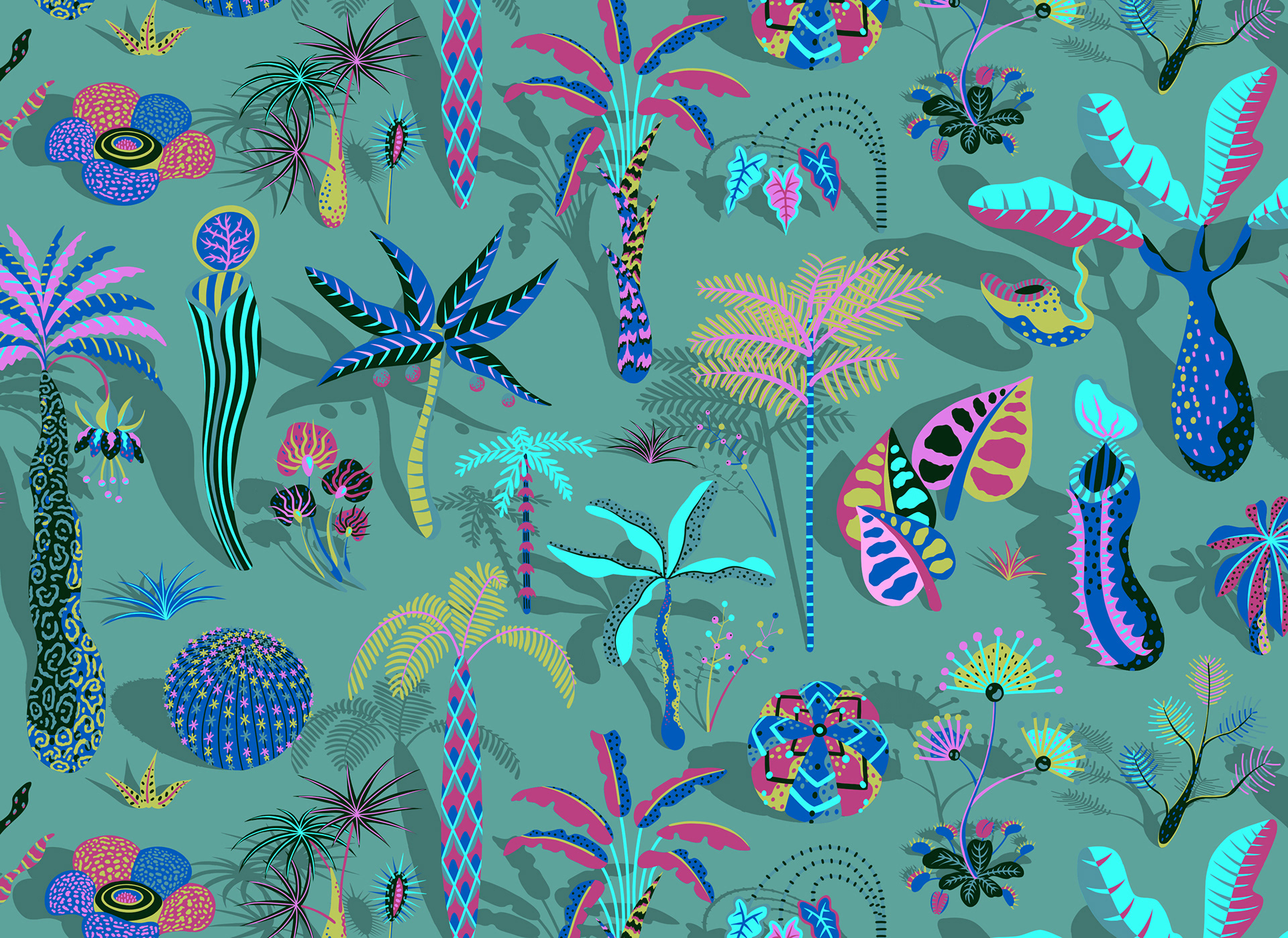 Pattern showing a strange jungle world filled with unusual glowing plants in blue and pink tones.