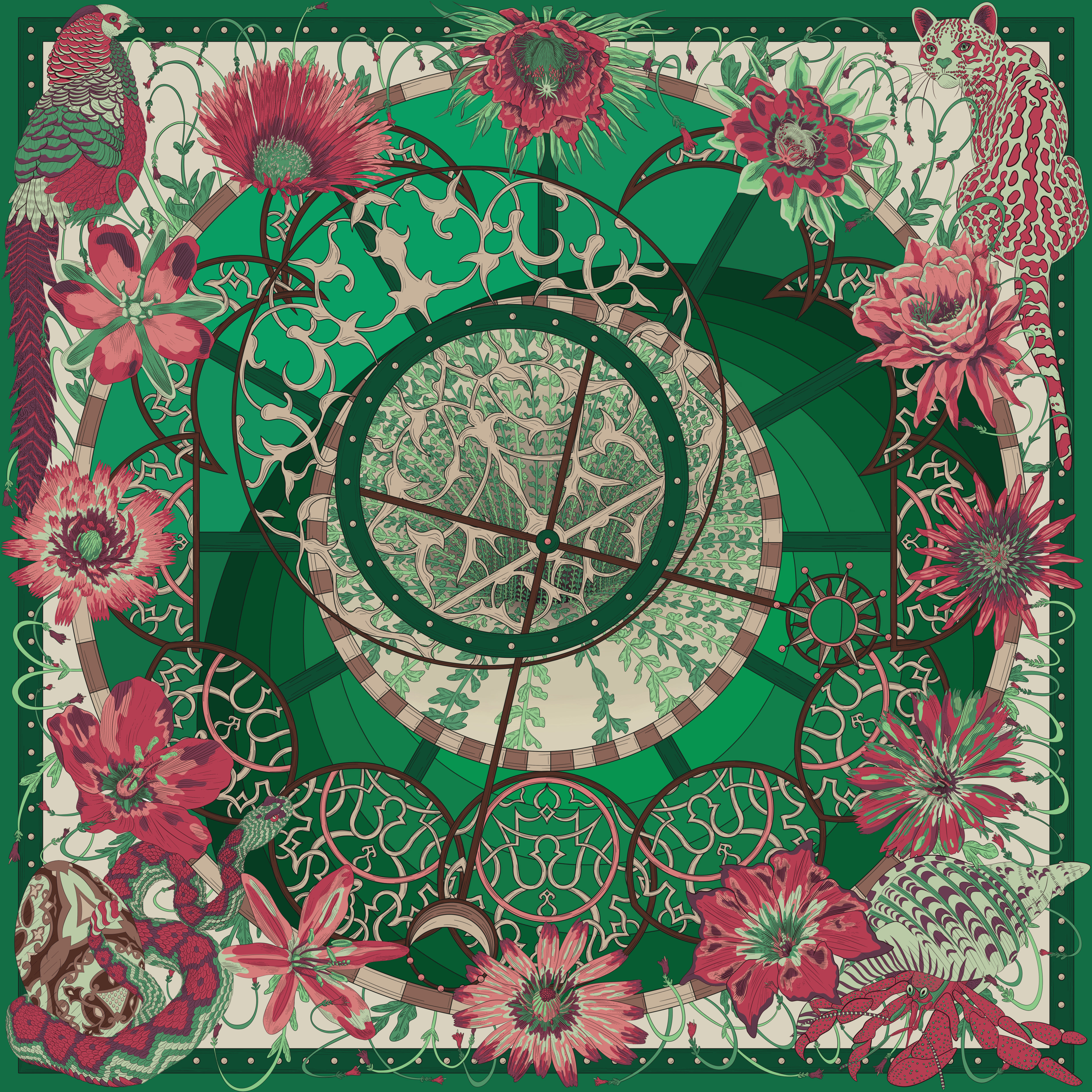 Digital illustration of a fine art square scarf featuring flowers, animals, clock details and moons.