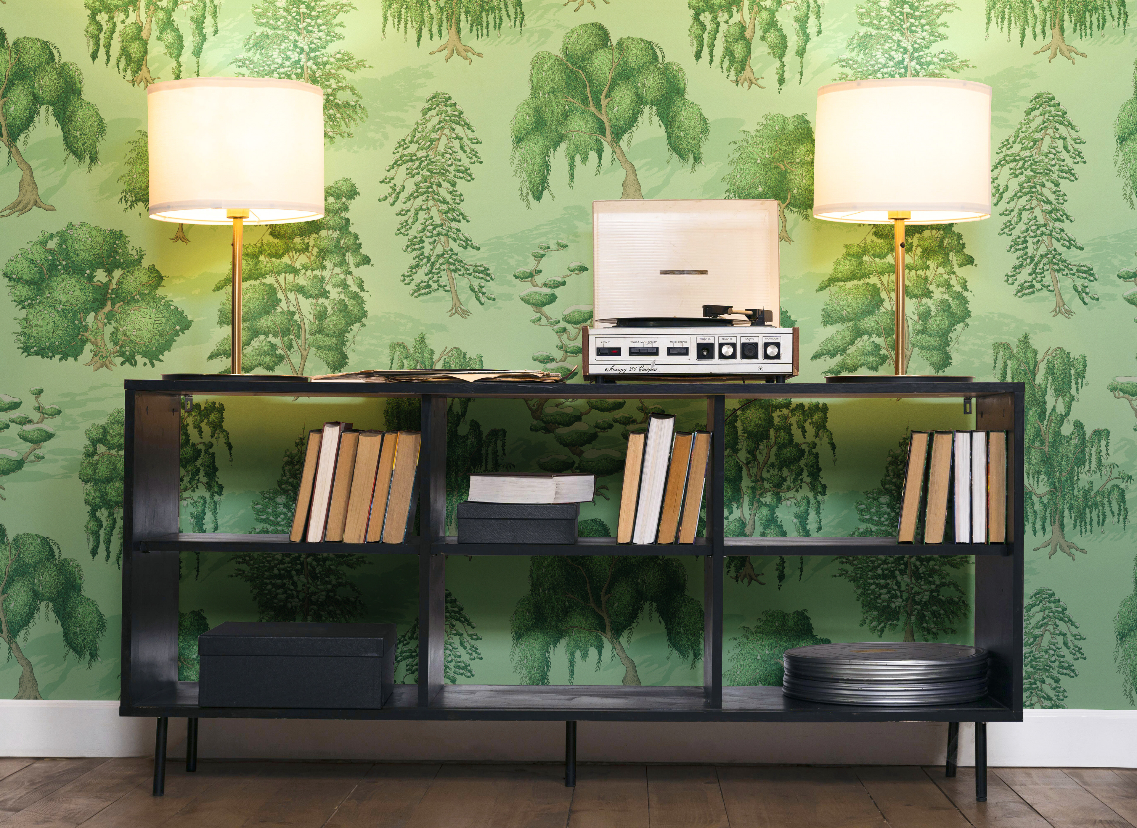 Photograph of a stylish black cabinet in front of a pea green forest wallpaper.