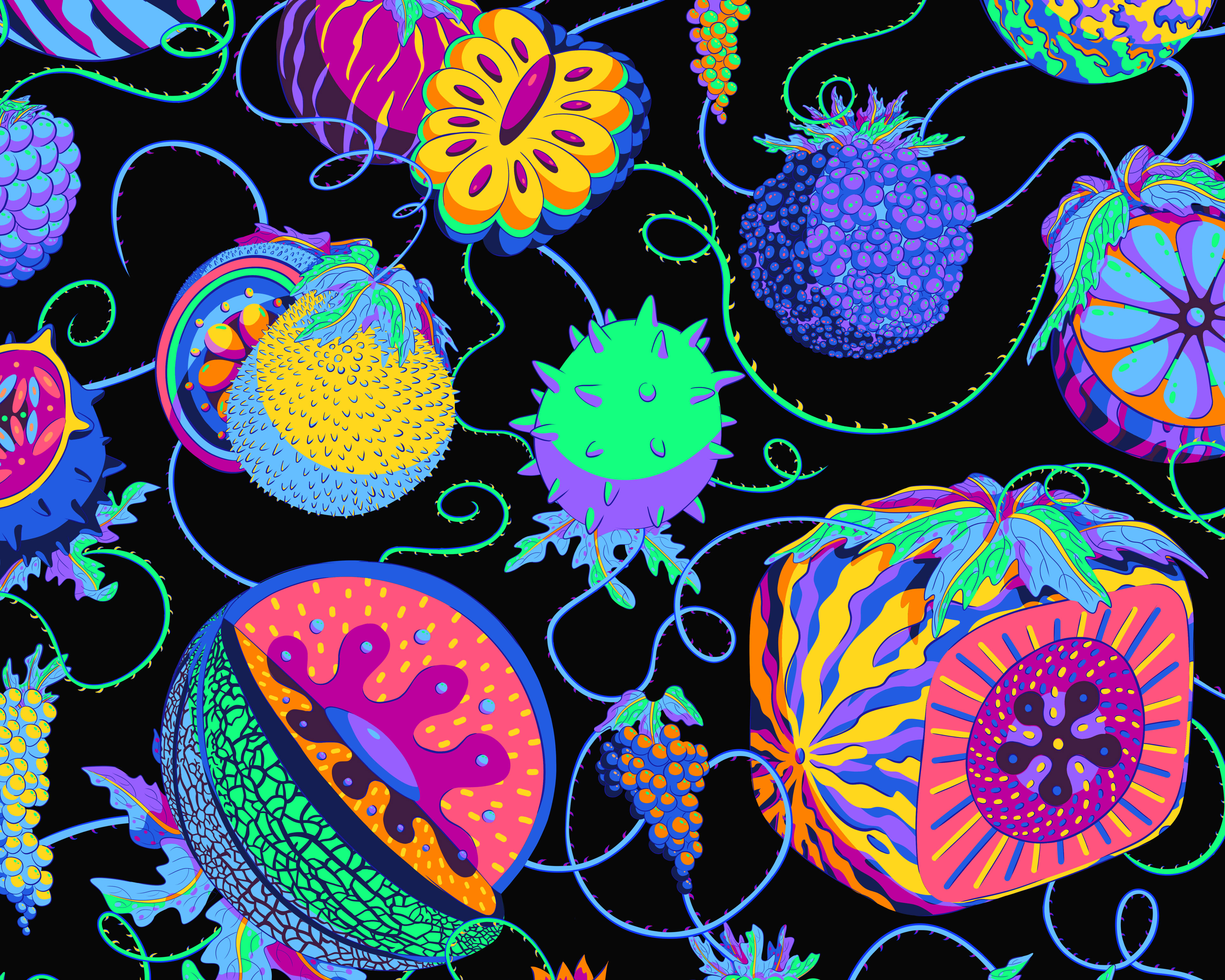 Digital illustration of neon fruits with thorny stems in bold toxic colours against a black background.