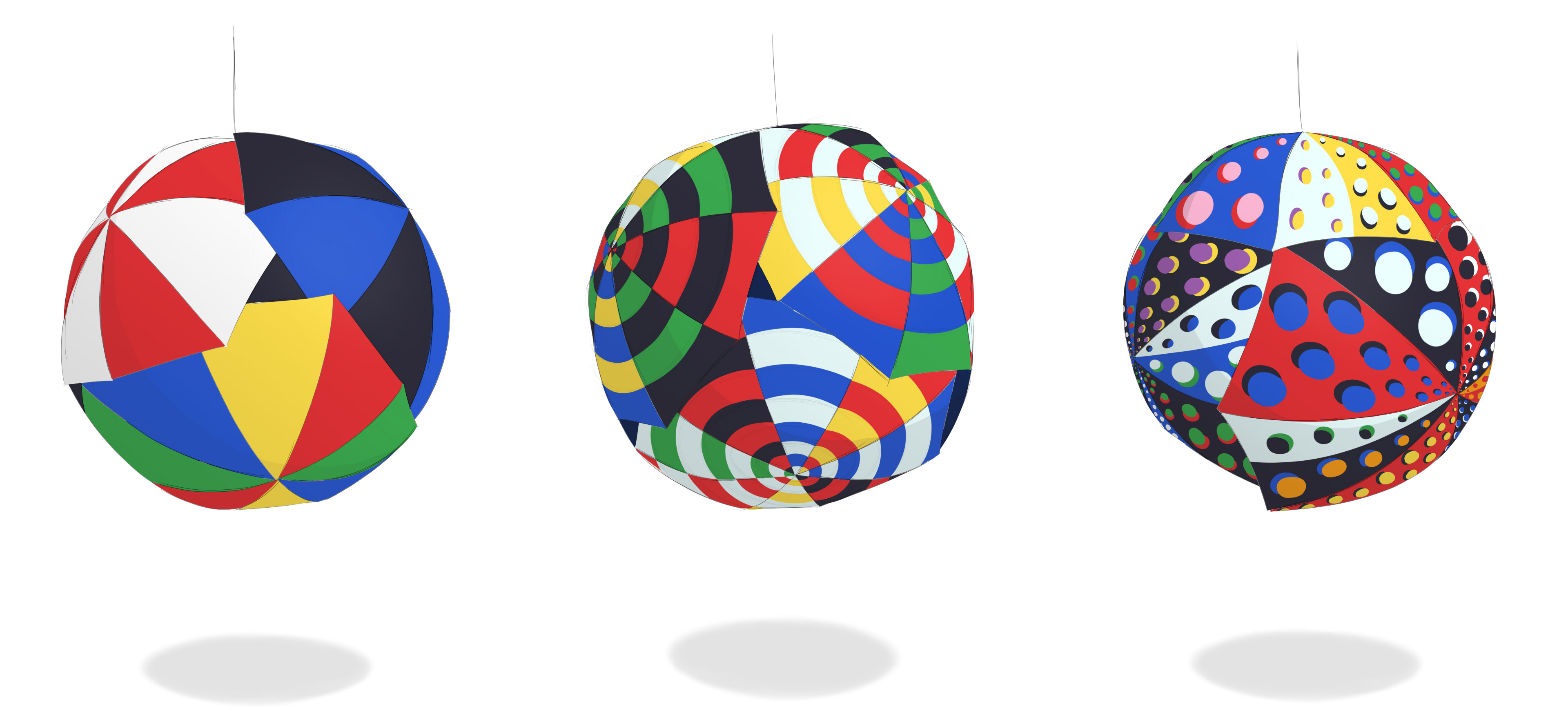 Concept art of three hanging umbrella orb sculptures with different patterned designs on each.