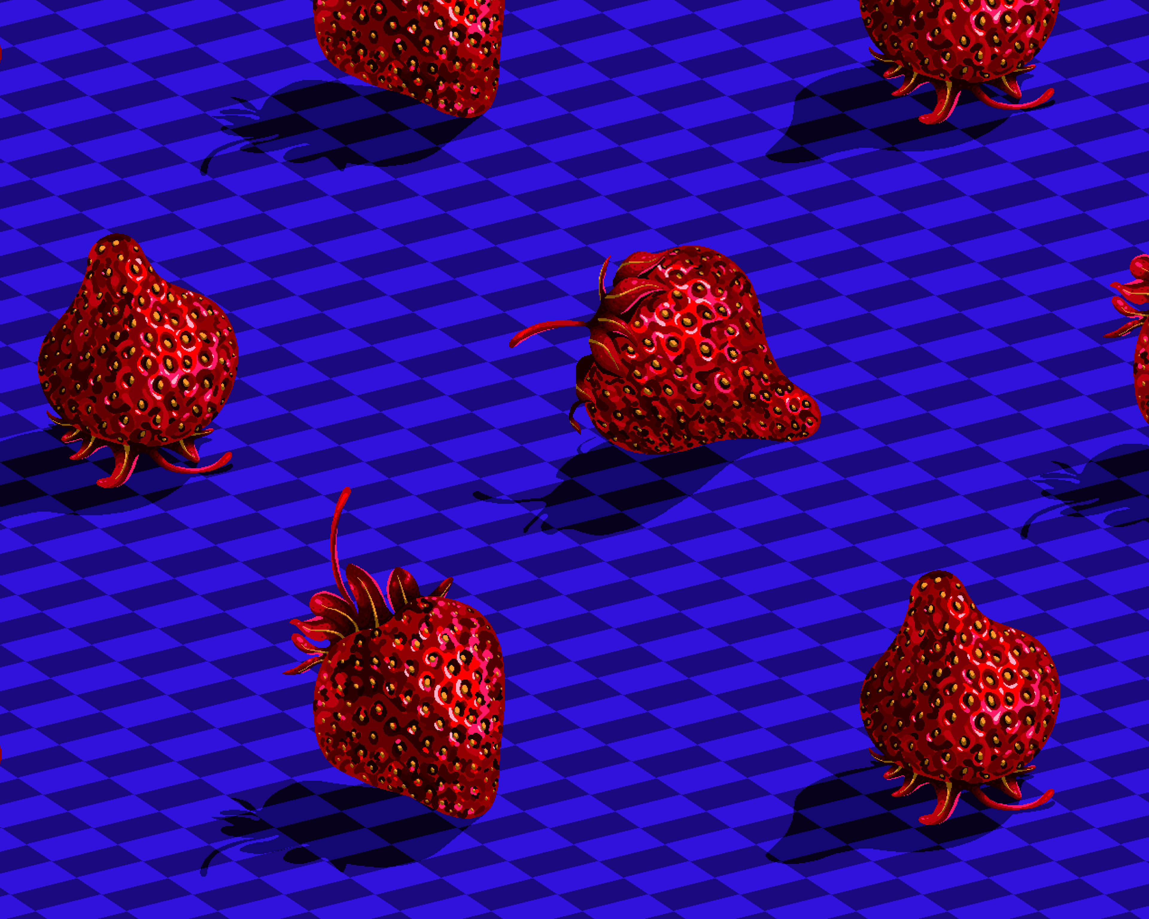 Pixel art pattern of 3D red strawberries sitting on a midnight blue checkerboard.