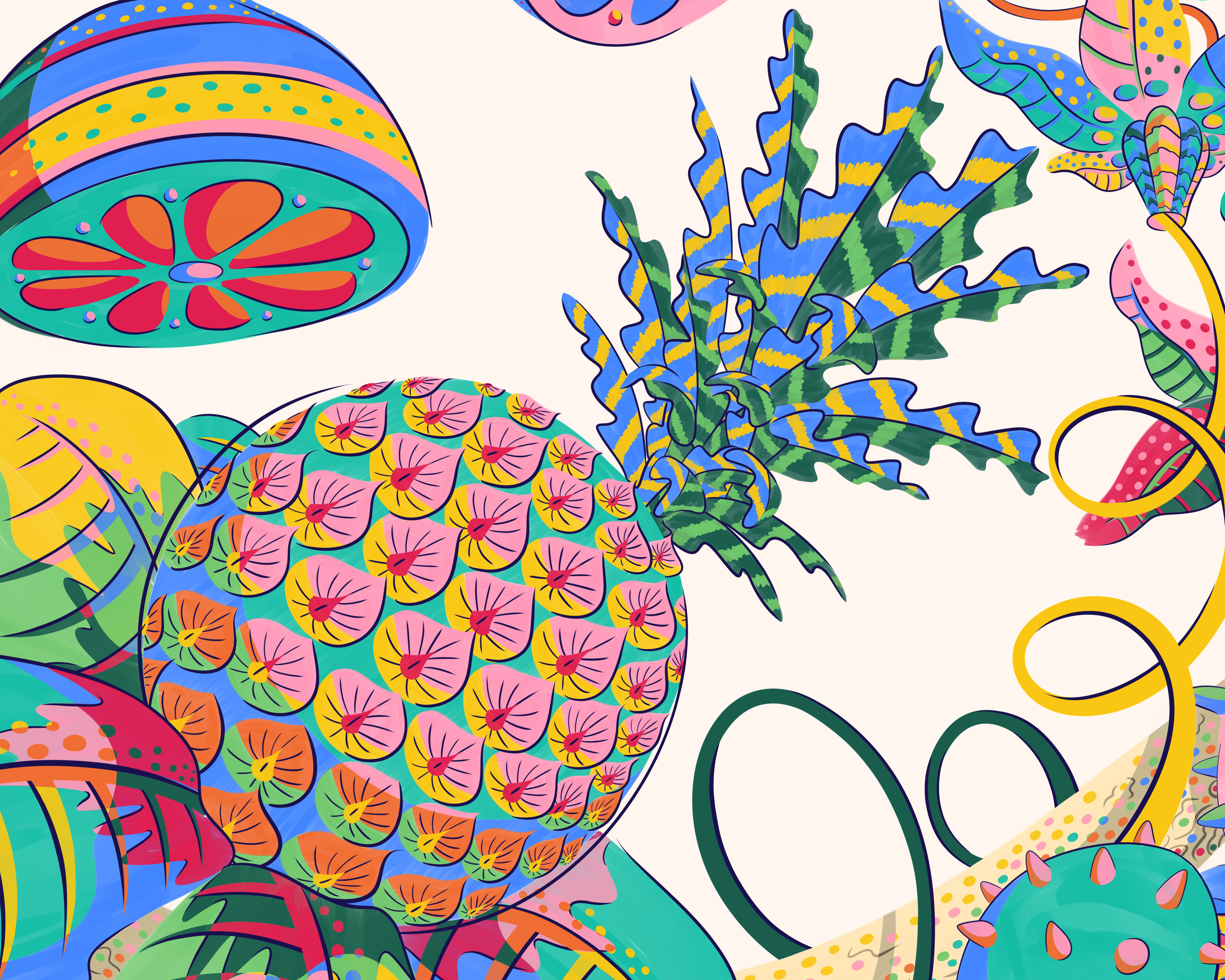 Illustration of a giant patterned pineapple in pink, blue, yellow and turquoise colours.