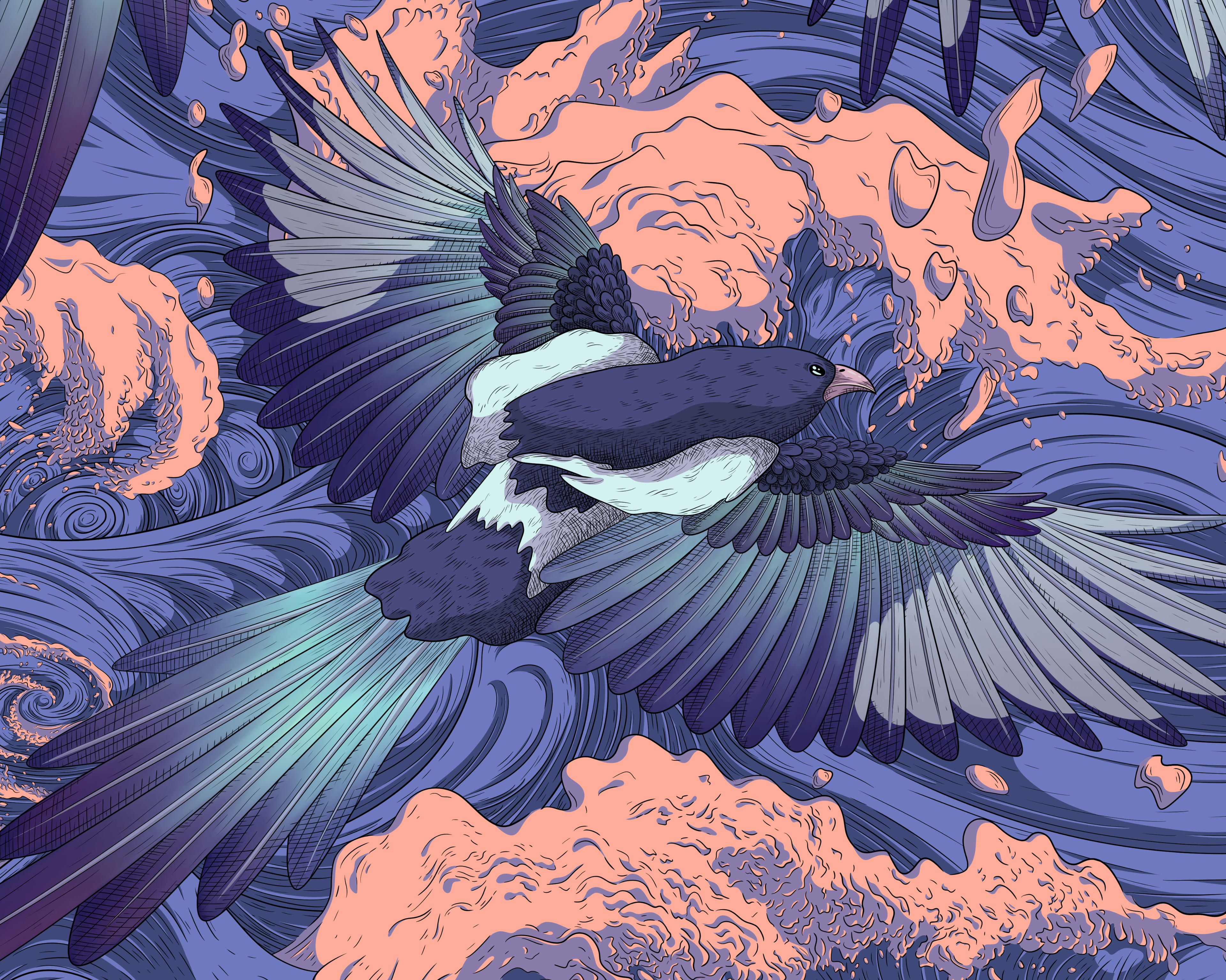 Fine art illustration of a blue magpie gliding above indigo whirlpools with bright orange waves.