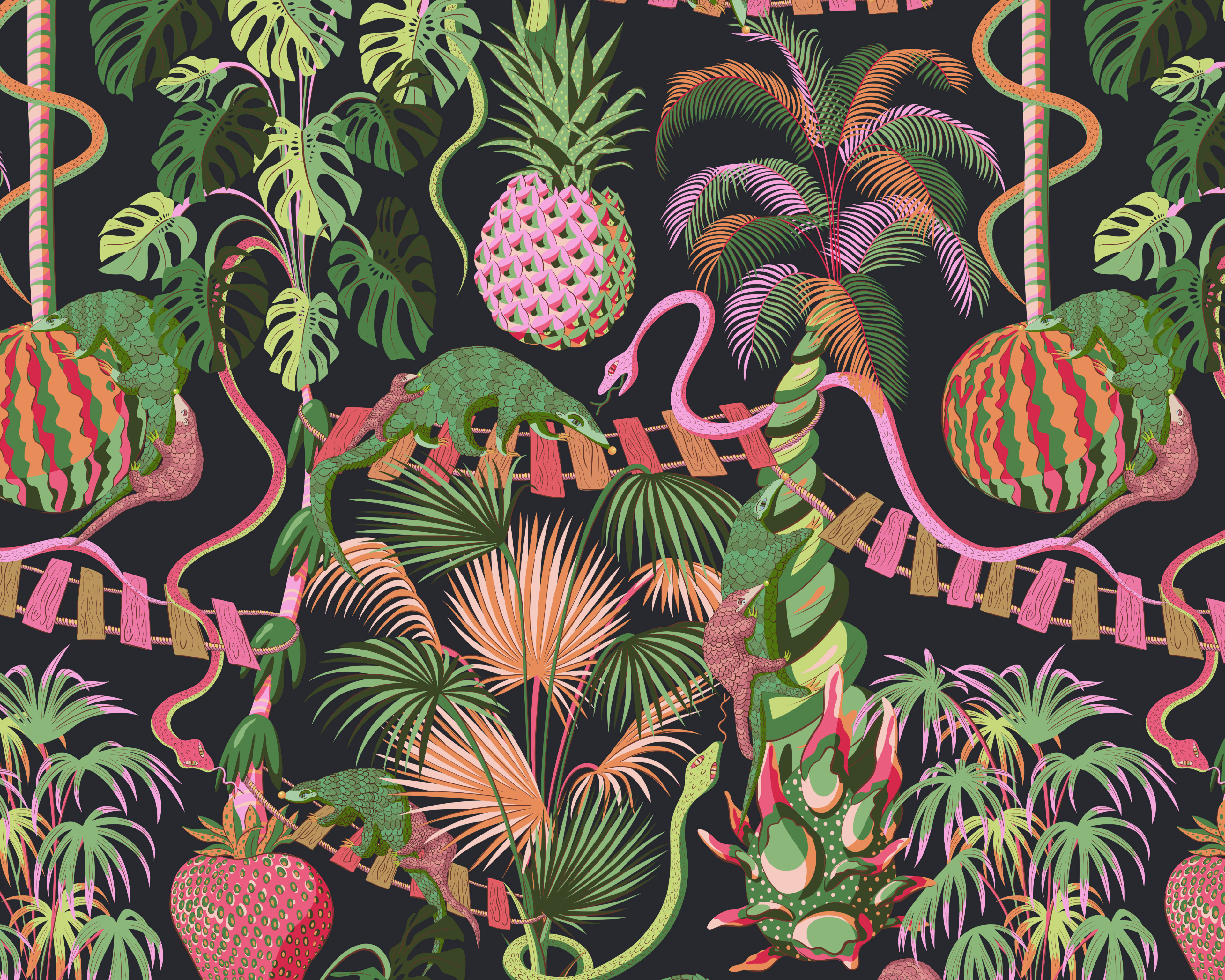 Repeat pattern of the print 'Precarious Pangolins' showing a rich jungle world filled with fruits.