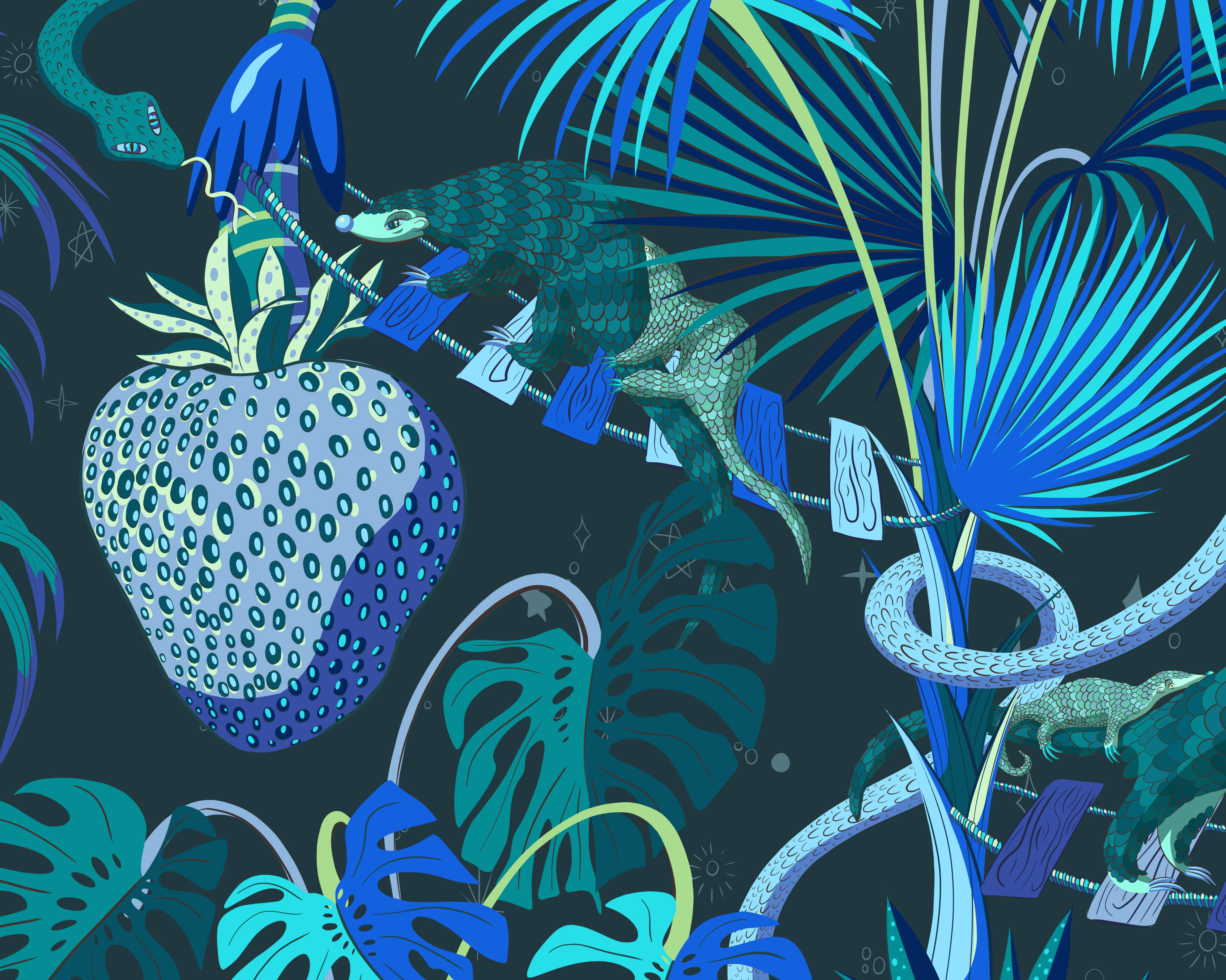 Digital illustration of pangolins walking across a rickety bridge in a night time jungle world.