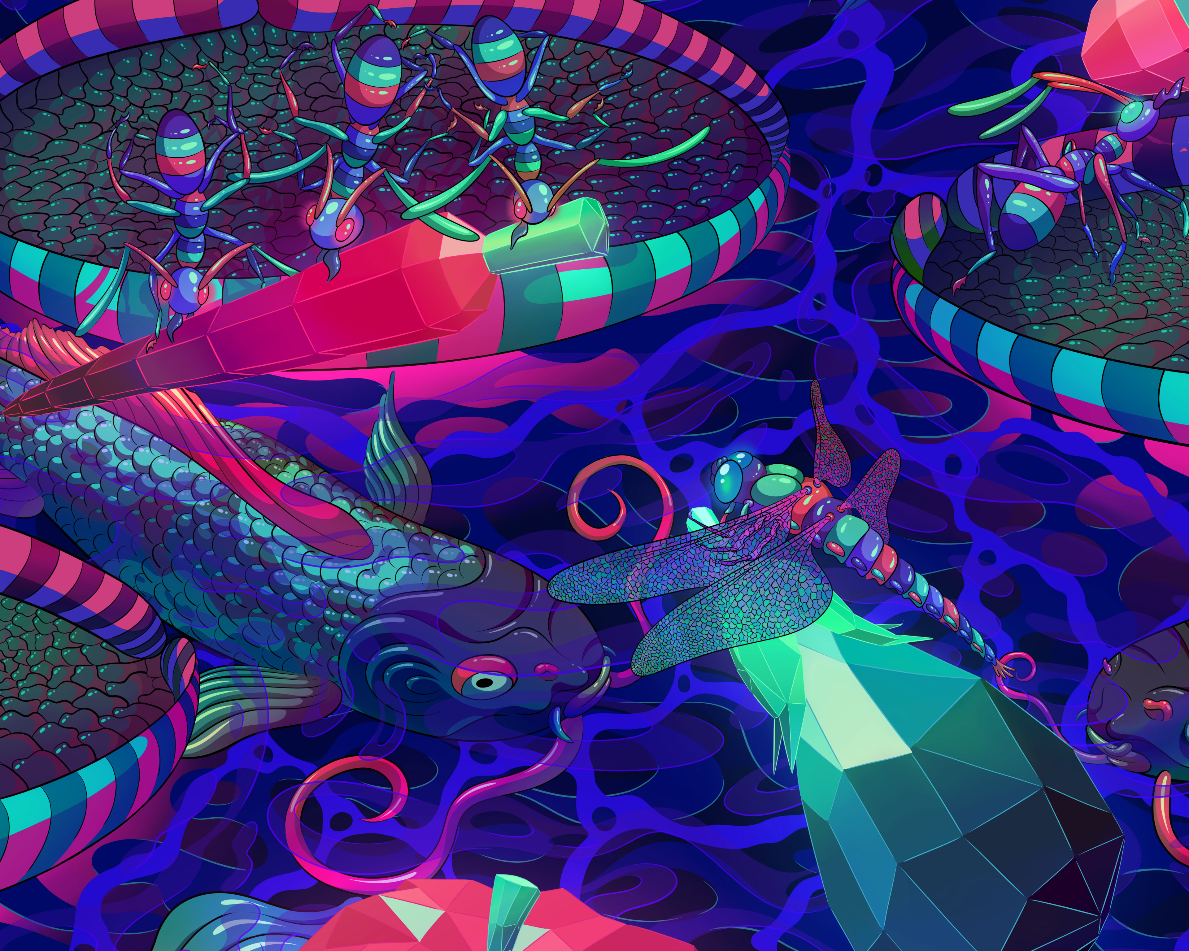 Digital illustration depicting a bustling neon scene of animals, an oil spill and crystals.