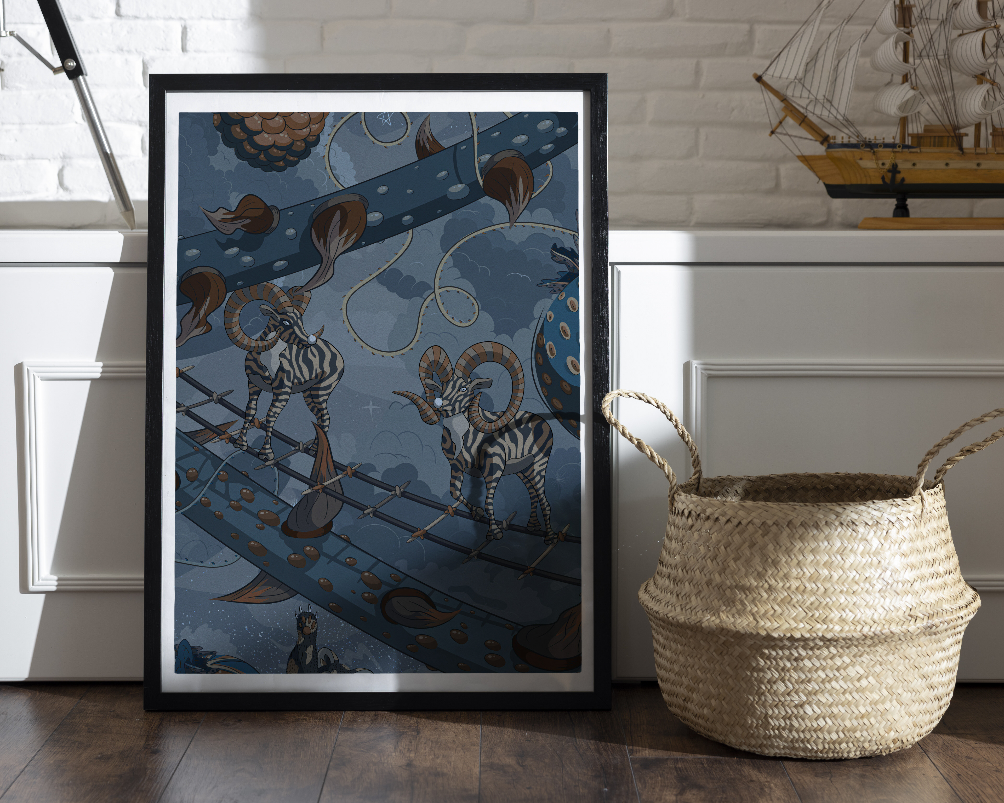 Photograph of a framed deep blue 'Lofty Heights' canvas resting against a wall.