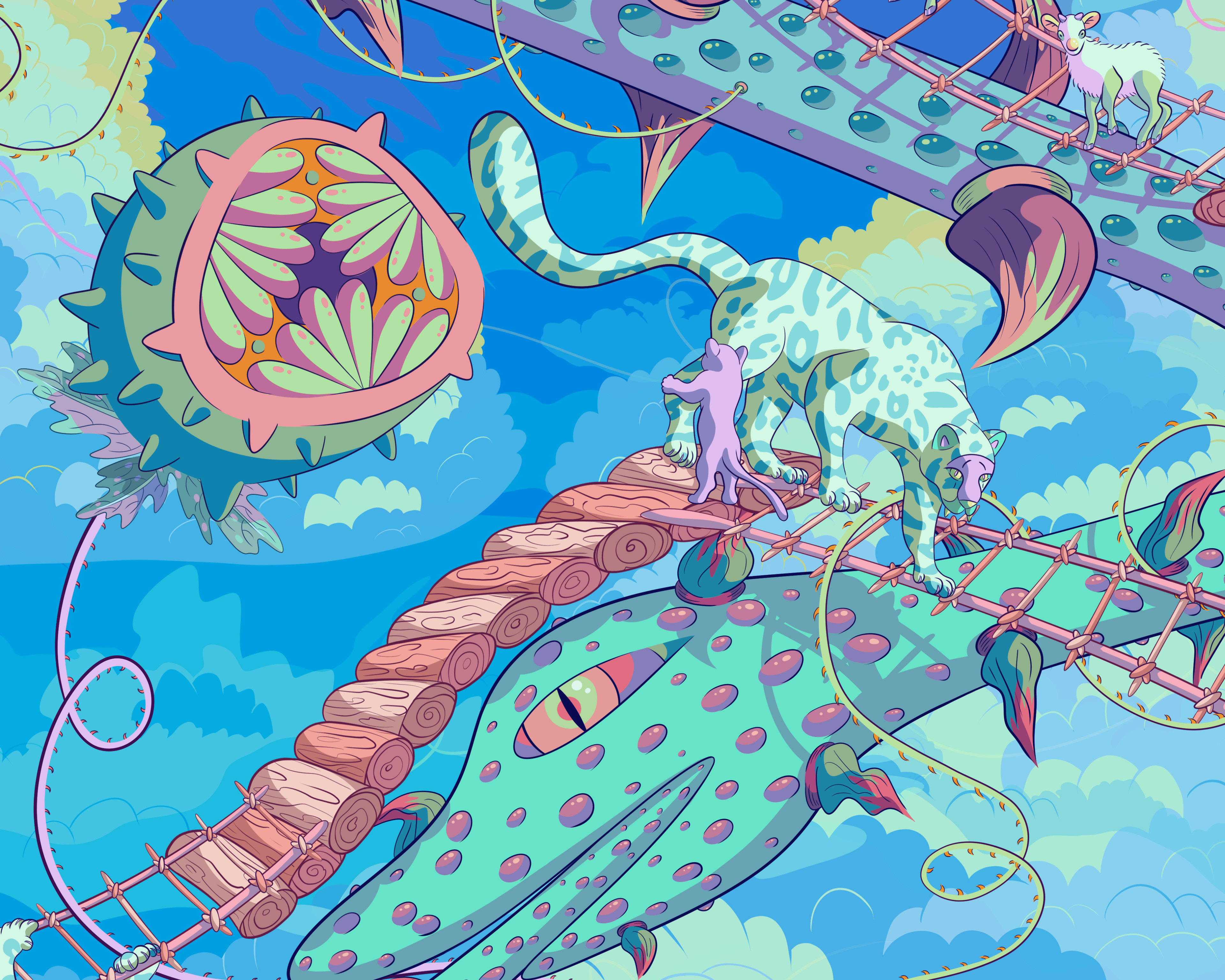 Digital illustration of panther mother and her baby making their way across a horizontal ladder.