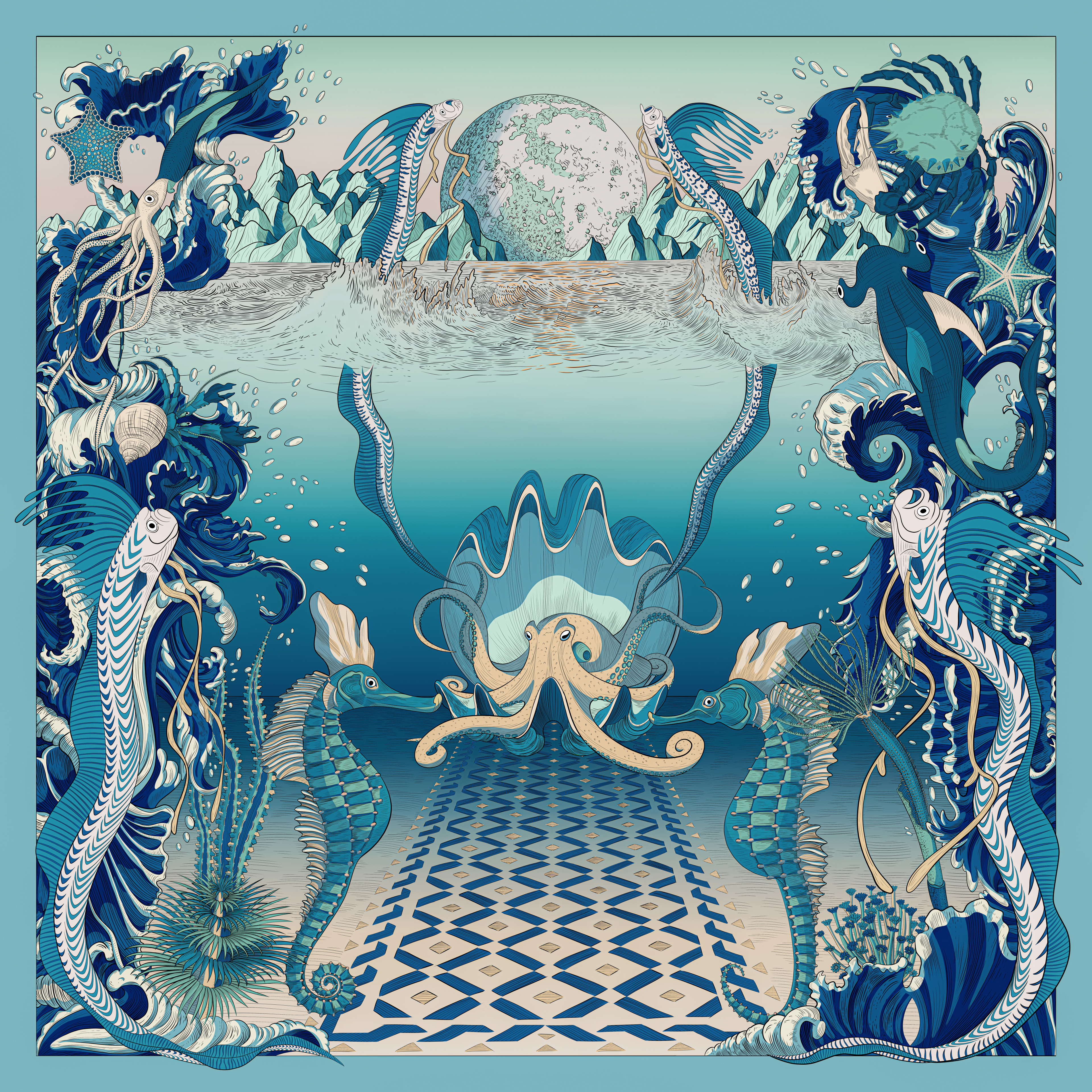 Digital illustration of a blue square silk scarf depicting a lively ocean scene with giant oarfish.