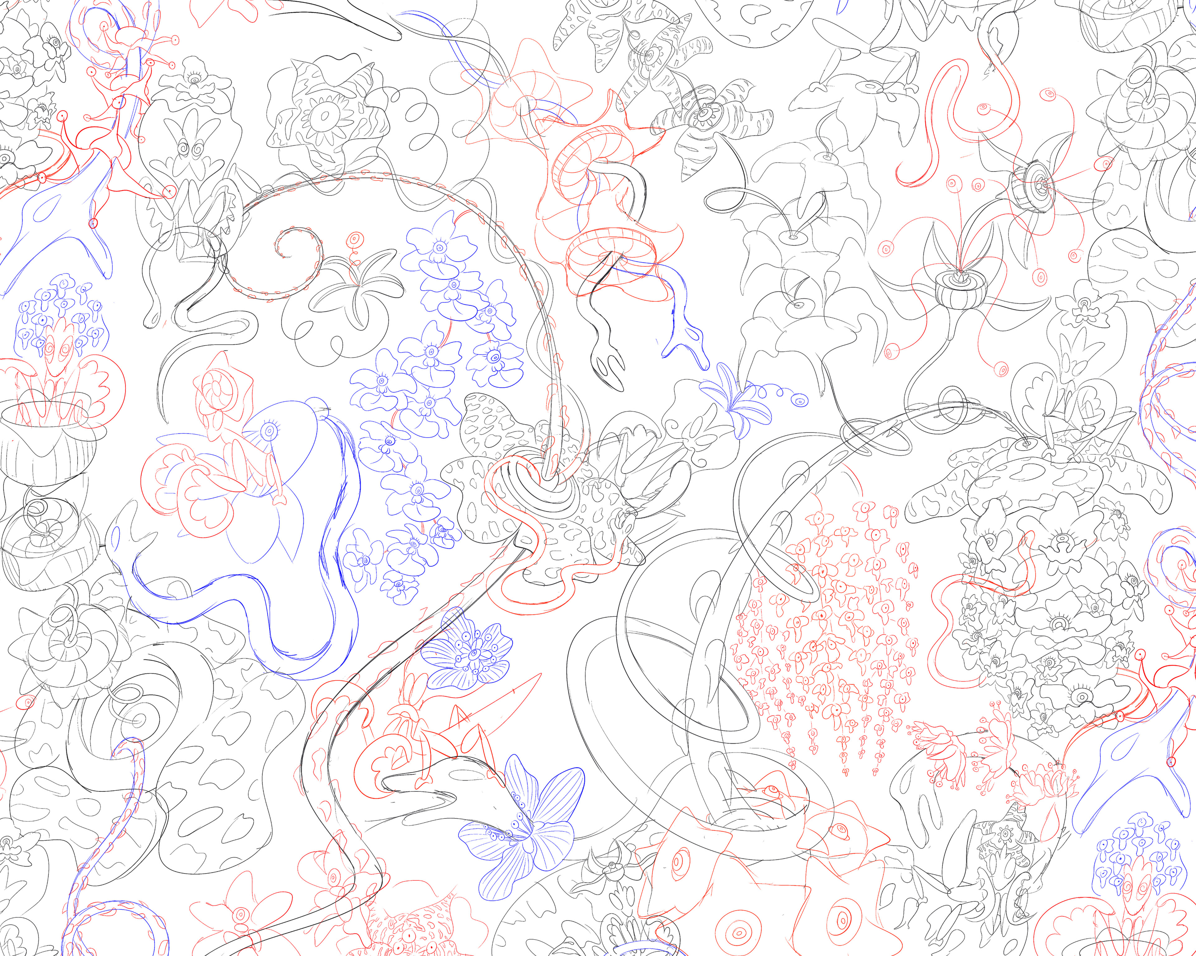 Work-in-progress sketch showing the base layer illustration for the 'Helter Skelter' pattern.