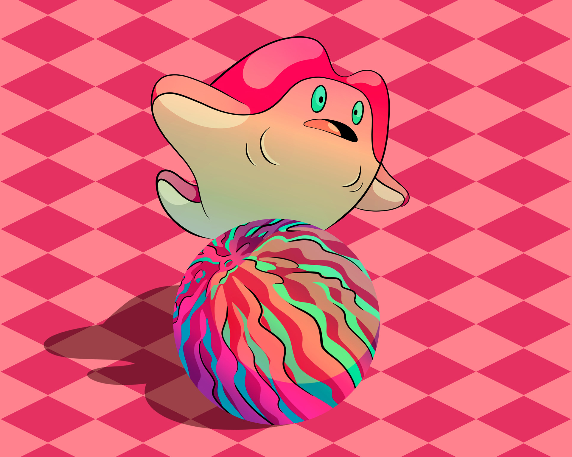 Illustration of a miniature hammerhead shark trying to balance on top of a wobbly round watermelon.