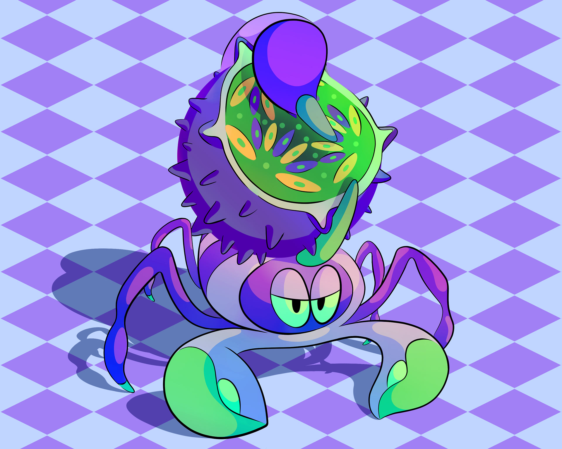 Illustration of a sly purple scorpion with a spiky fruit on its back in front of a tiled backdrop.