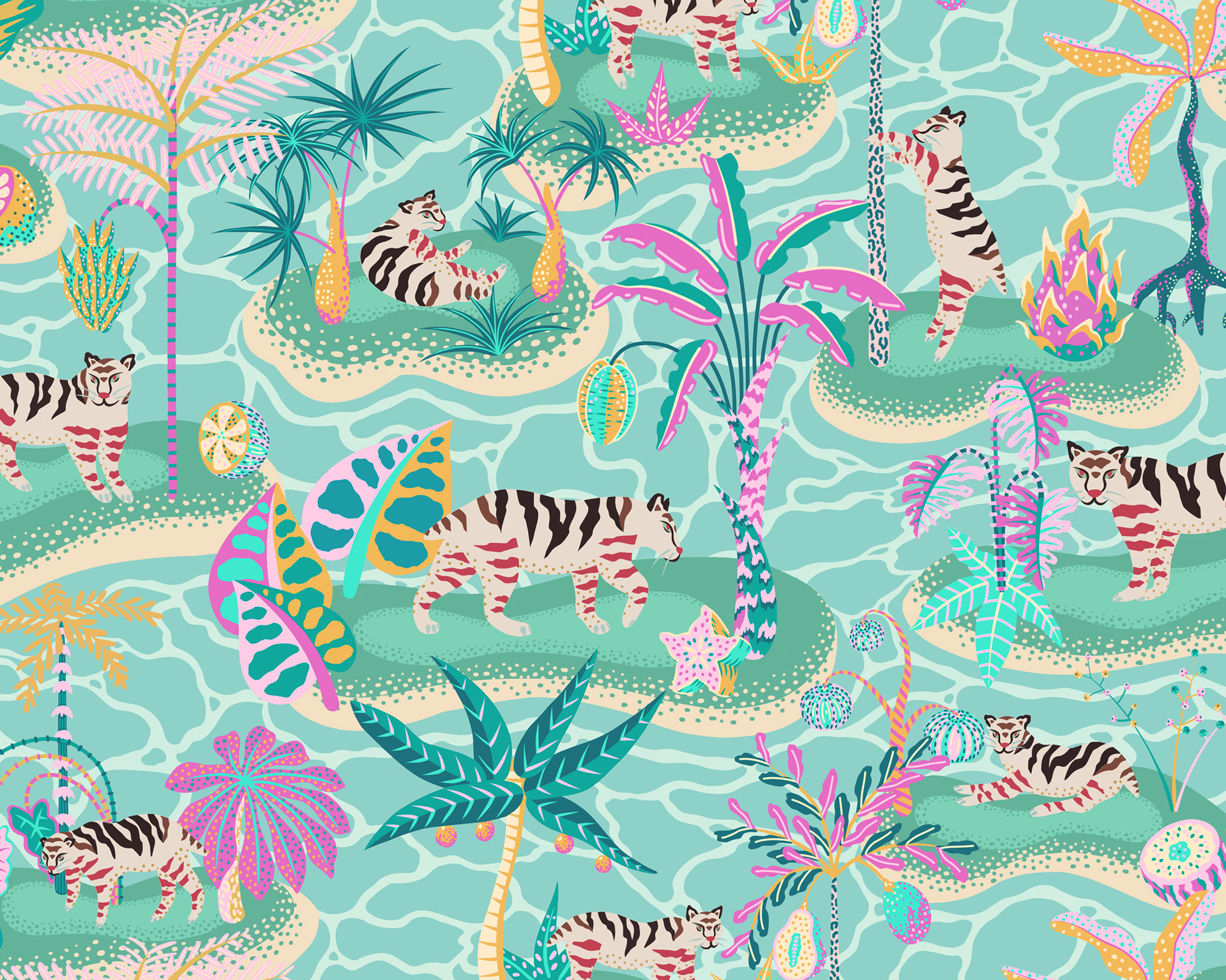 A repeating pattern of sleepy tigers lounging on tropical islands in happy pastel colours.