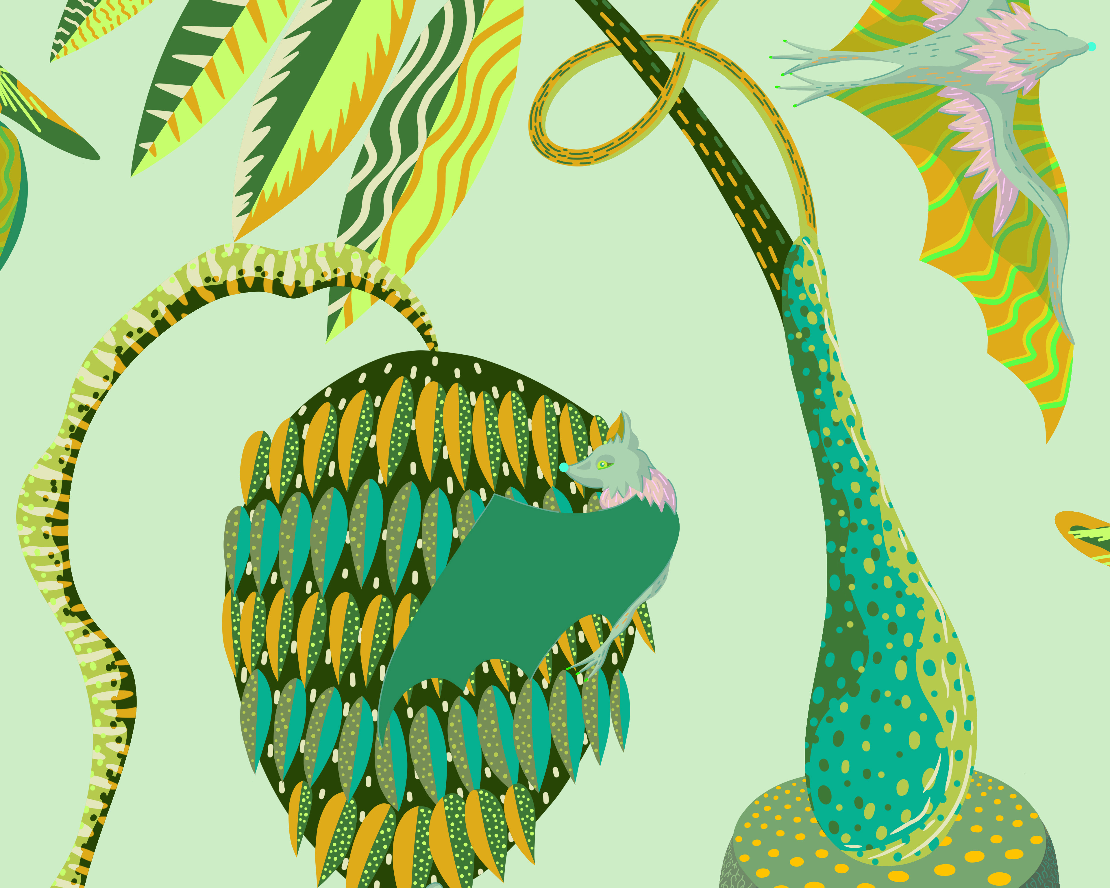 Digital illustration of a sweet green bat hugging a giant bunch of bananas.