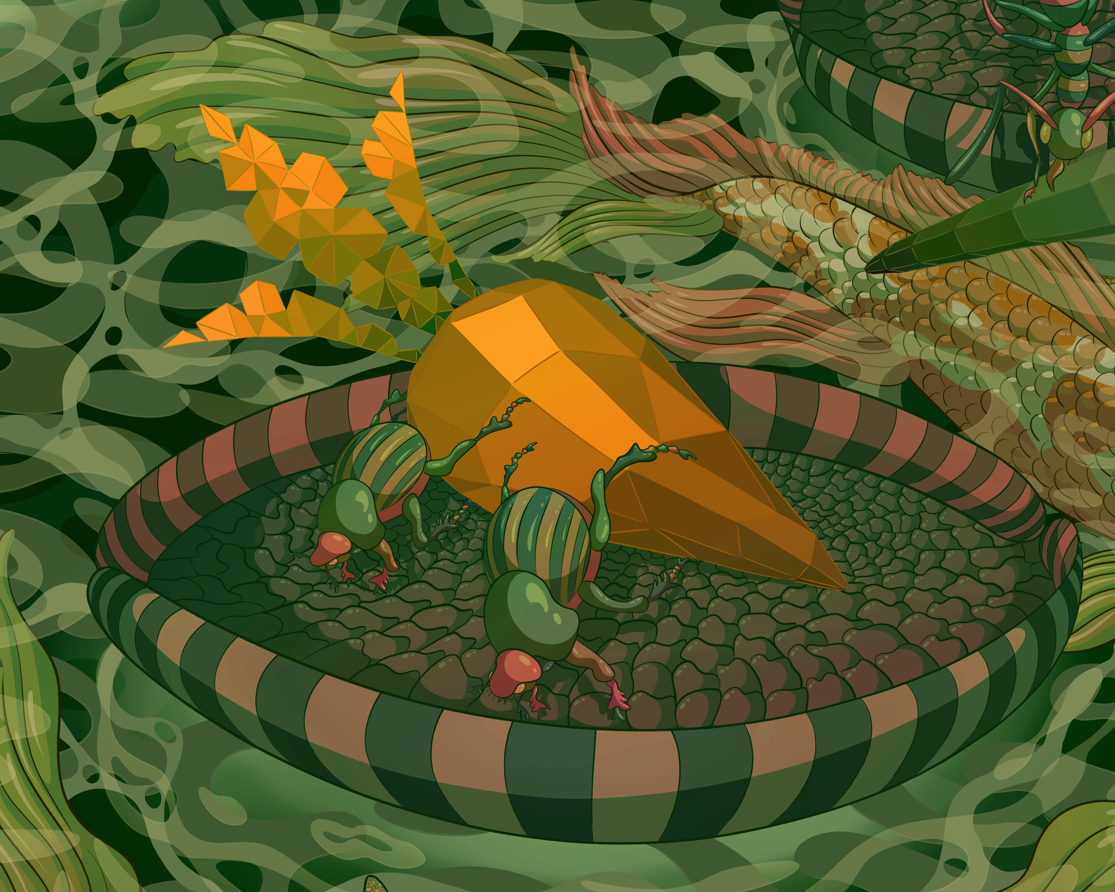 Digital illustration of two dung beetles propping up a glowing orange crystal carrot.