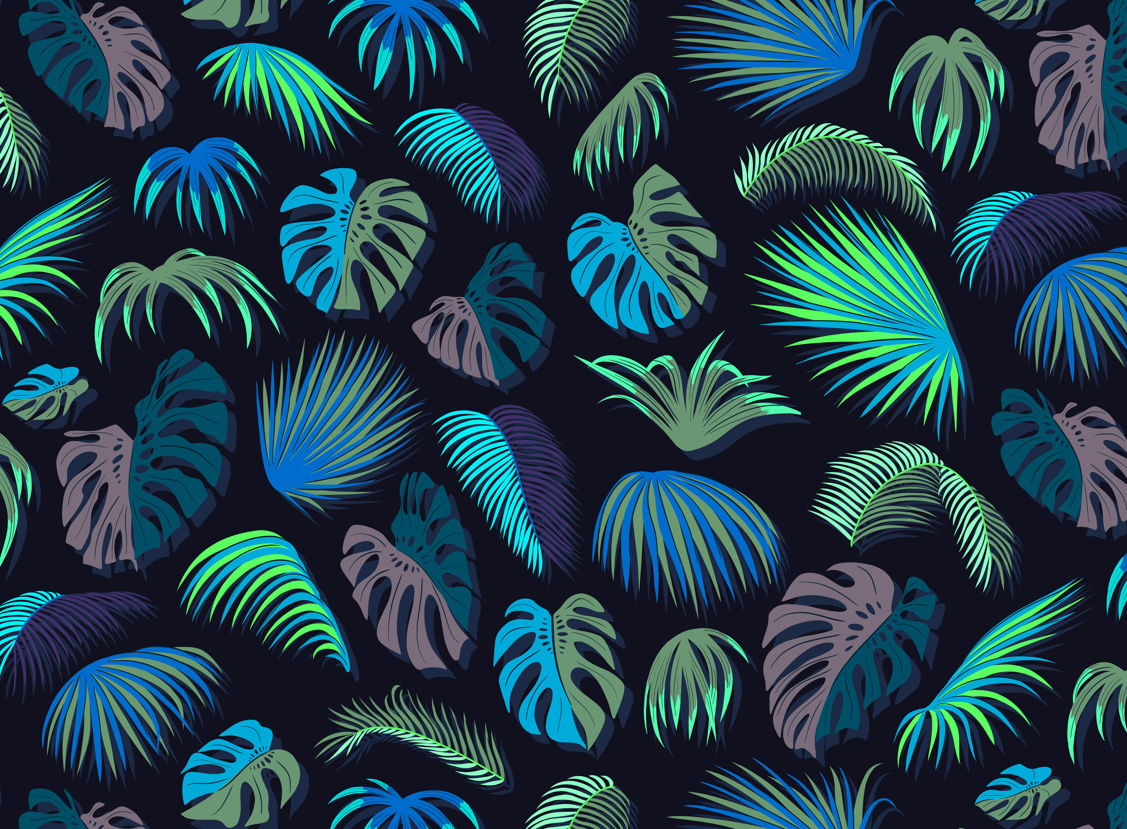 Dark tropical leaf pattern by Sam Wilde in neon greens and blue.